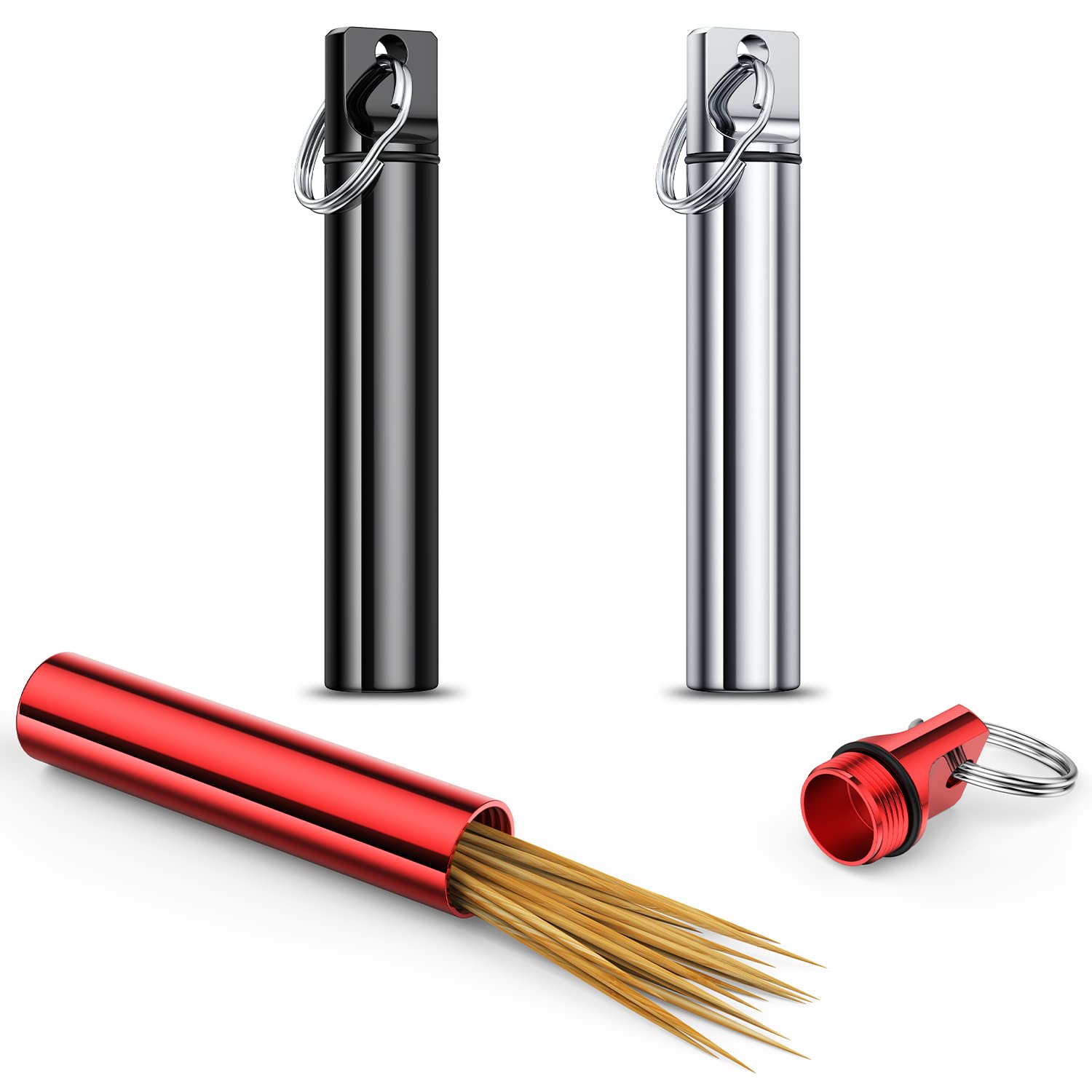 Metal Portable Toothpick Holder Box 3 Pieces ,Pocket Waterproof Case Toothpicks Container With Keychain For Outdoor Picnic And C