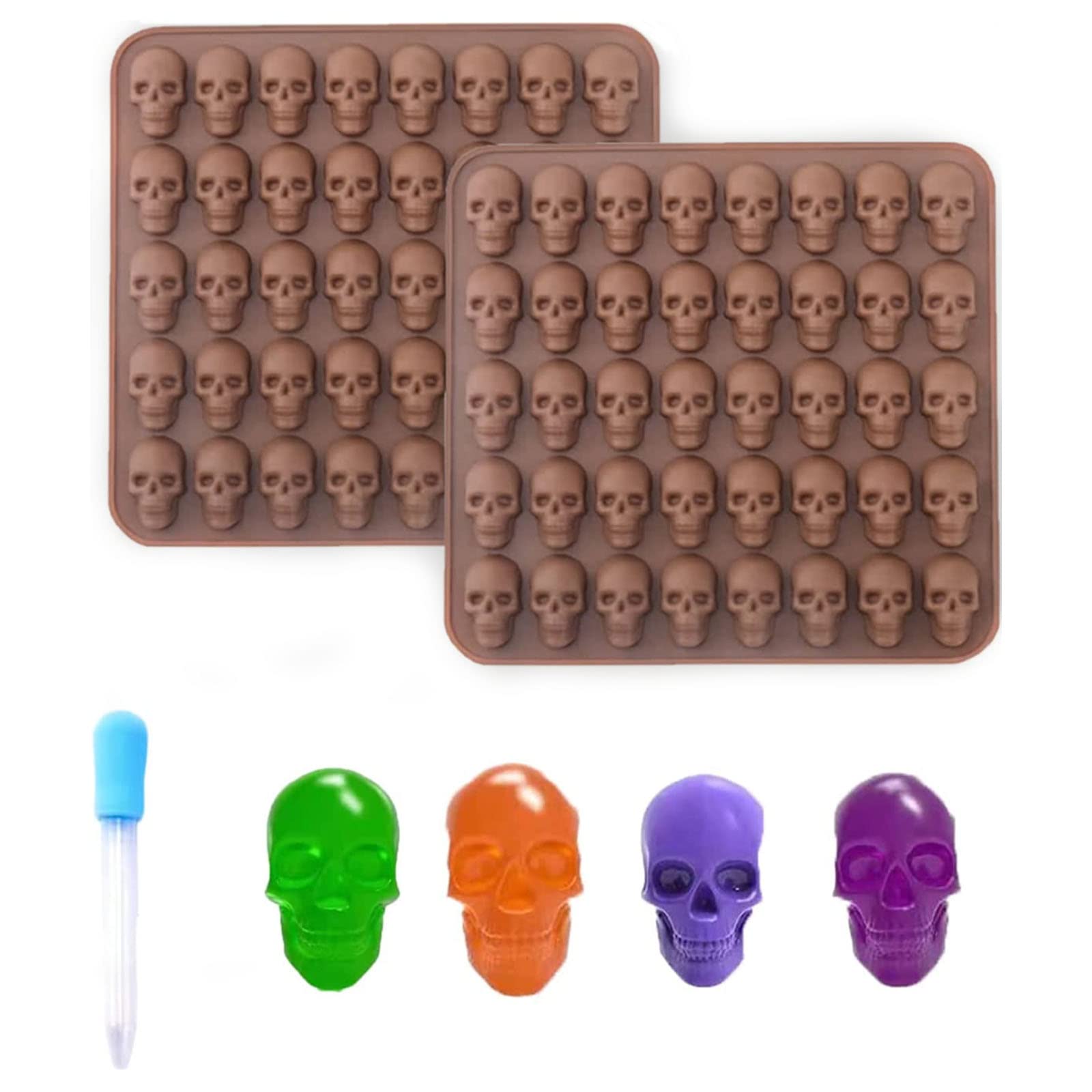 Elegital Skull Candy Mold,2Pcs Silicone Skull Gummy Molds With Dropper Silicone Mold For Chocolate,Cookie, Cake,Jelly(Skeleton-B