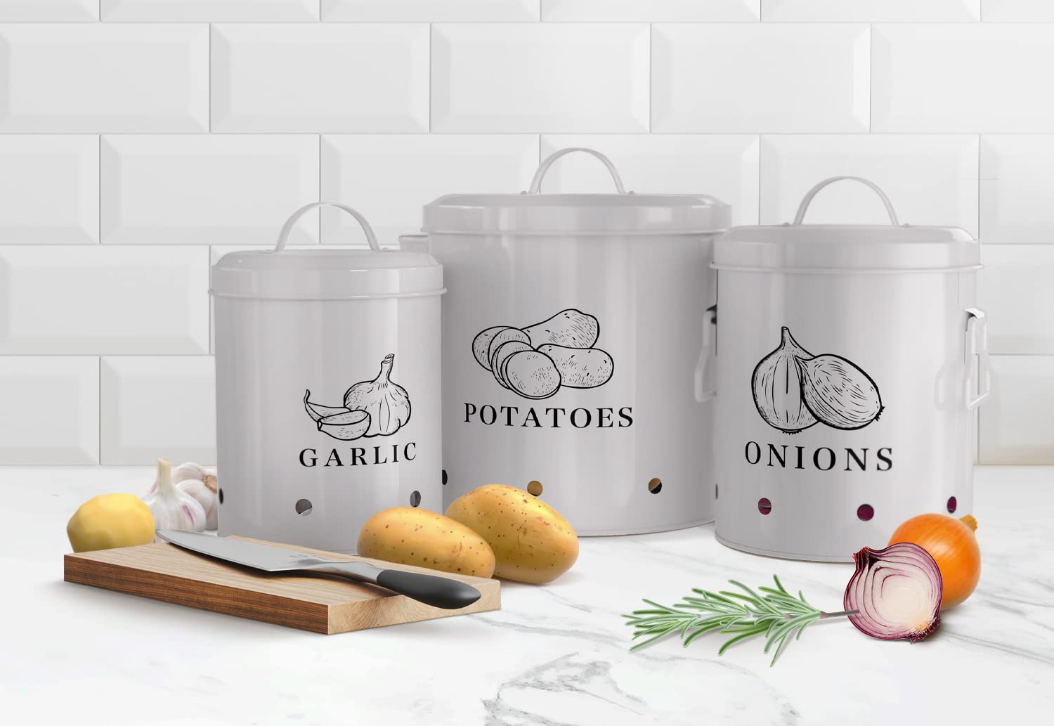 Kook Potato, Onion & Garlic Kitchen Storage Canisters, Rustic Farmhouse Containers With Aerating Holes, Vintage Vegetable Tins,