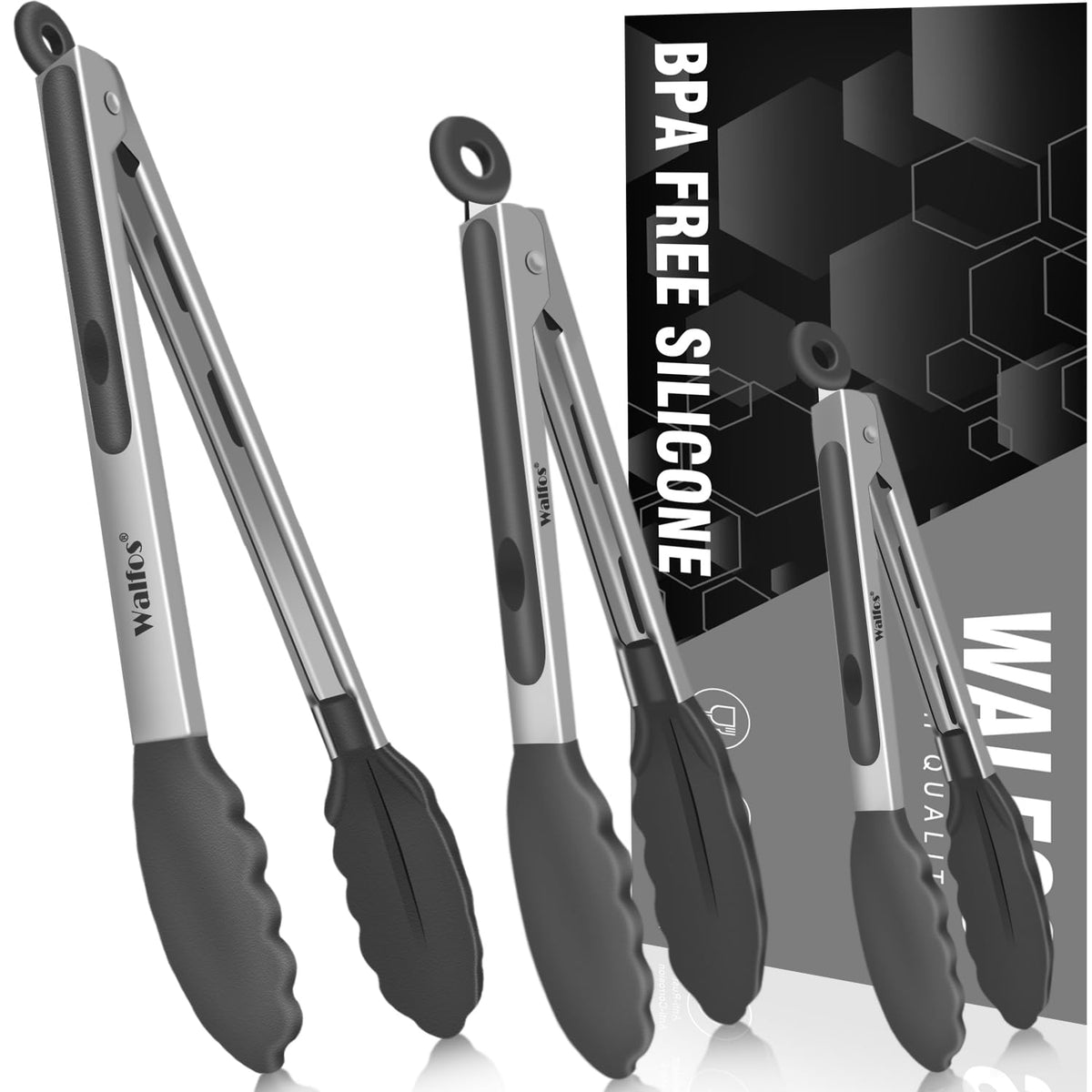 Walfos 600 Degree Heat Resistant Silicone Tongs For Cooking - Kitchen Tongs With Silicone Tips Set Of 3 Size Food Looking Tongs
