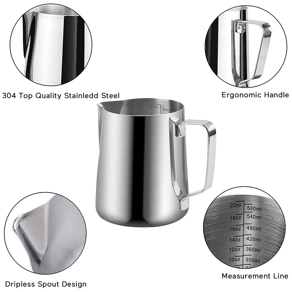 20 Oz Milk Frothing Pitcher, 304 Stainless Steel 600Ml Milk Can Coffee Frothing Cup With Art Deco Pen Milk Jug Coffee Cup Used T