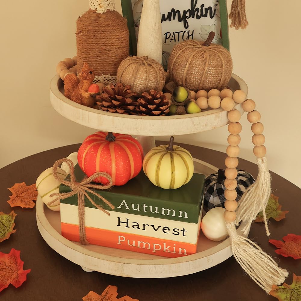 DECSPAS Fall Decorations for Home, Autumn Harvest Wooden Stacked Books Sign with Pumpkins & Bow for Fall Decor, Thanksgiving Tab