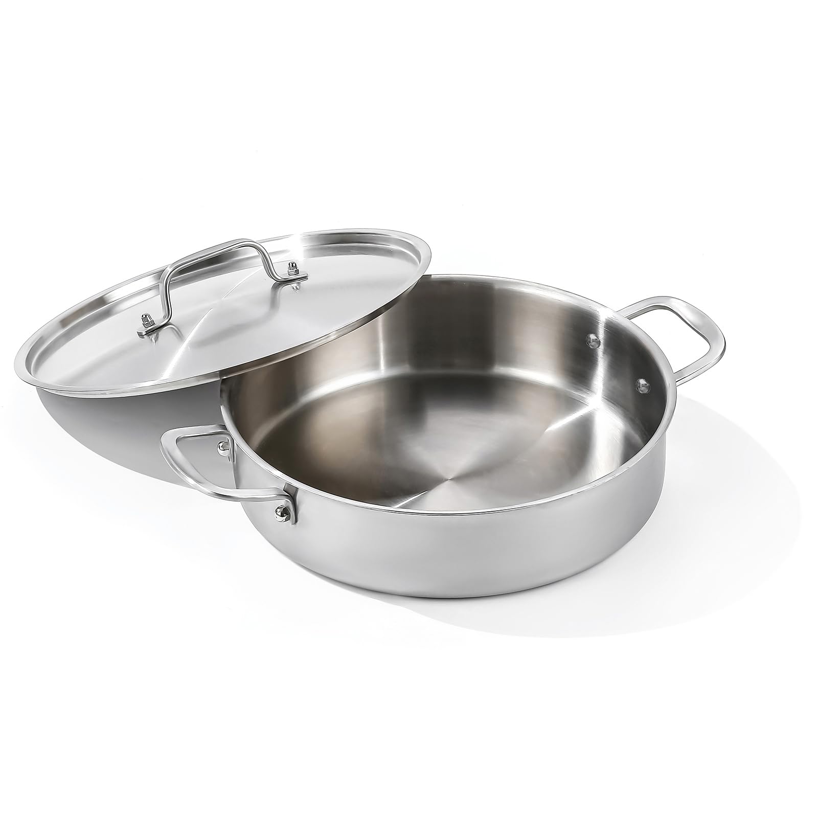 DELARLO Tri-Ply Stainless Steel 6 Quart Braiser Pan with Lid Induction Rondeau Pot With Lid 12inch Deep Frying Pan Large Saute P