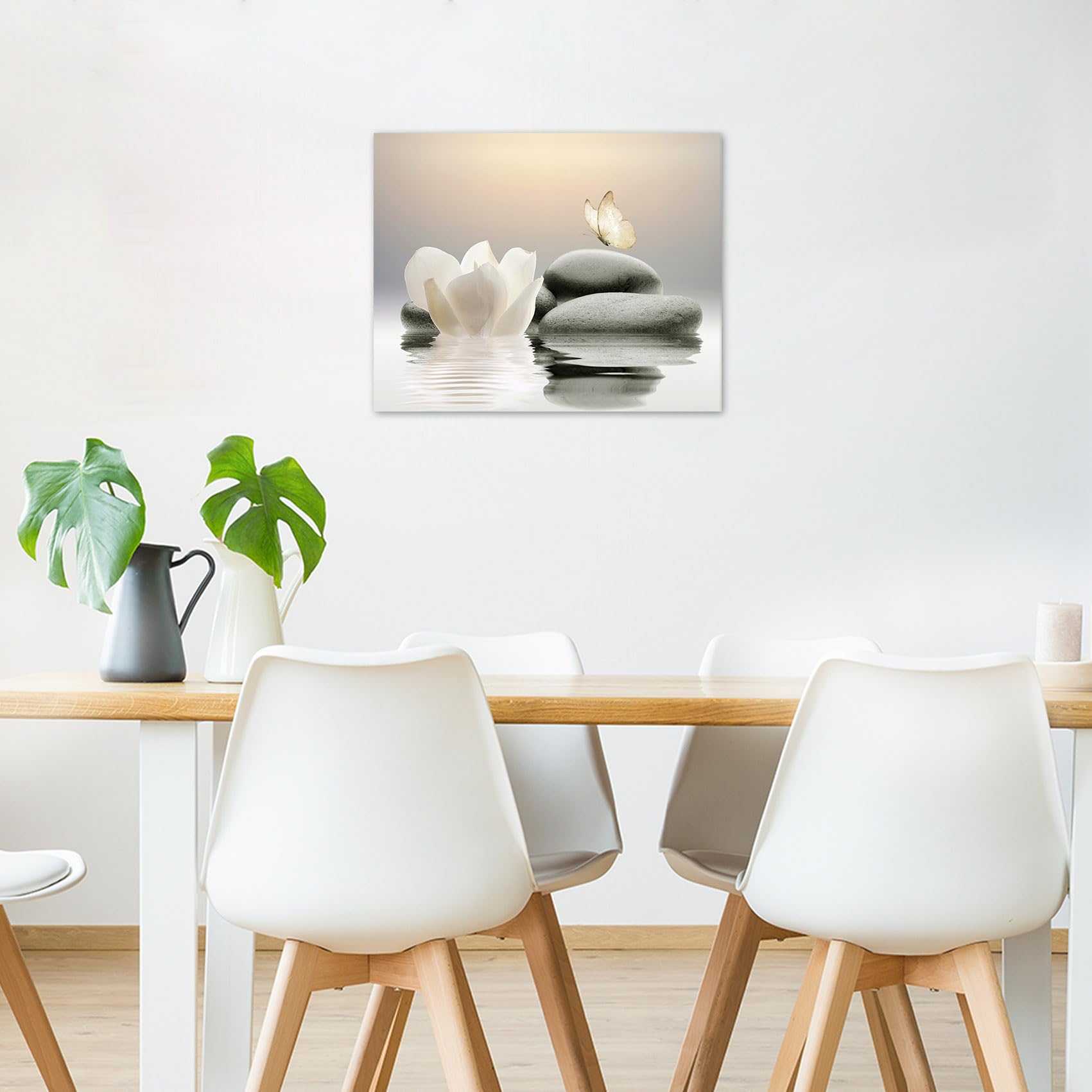 Eobtain Zen White Flower Canvas Wall Art Floral And Butterfly On Stone Modern Framed Picture Yoga Spa Spiritual Painting Artwork