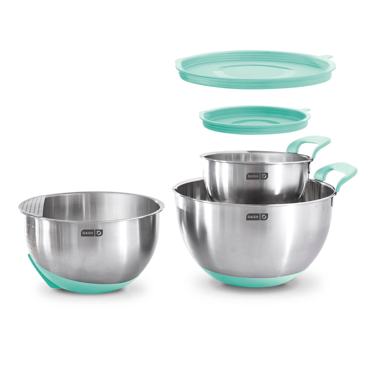 Dash Stainless Steel Mixing Bowls With Lids, Silicone Non-Slip Base With Measuring Lines And Strainer, 3 Bowl Set - 1.5 Quart, 3