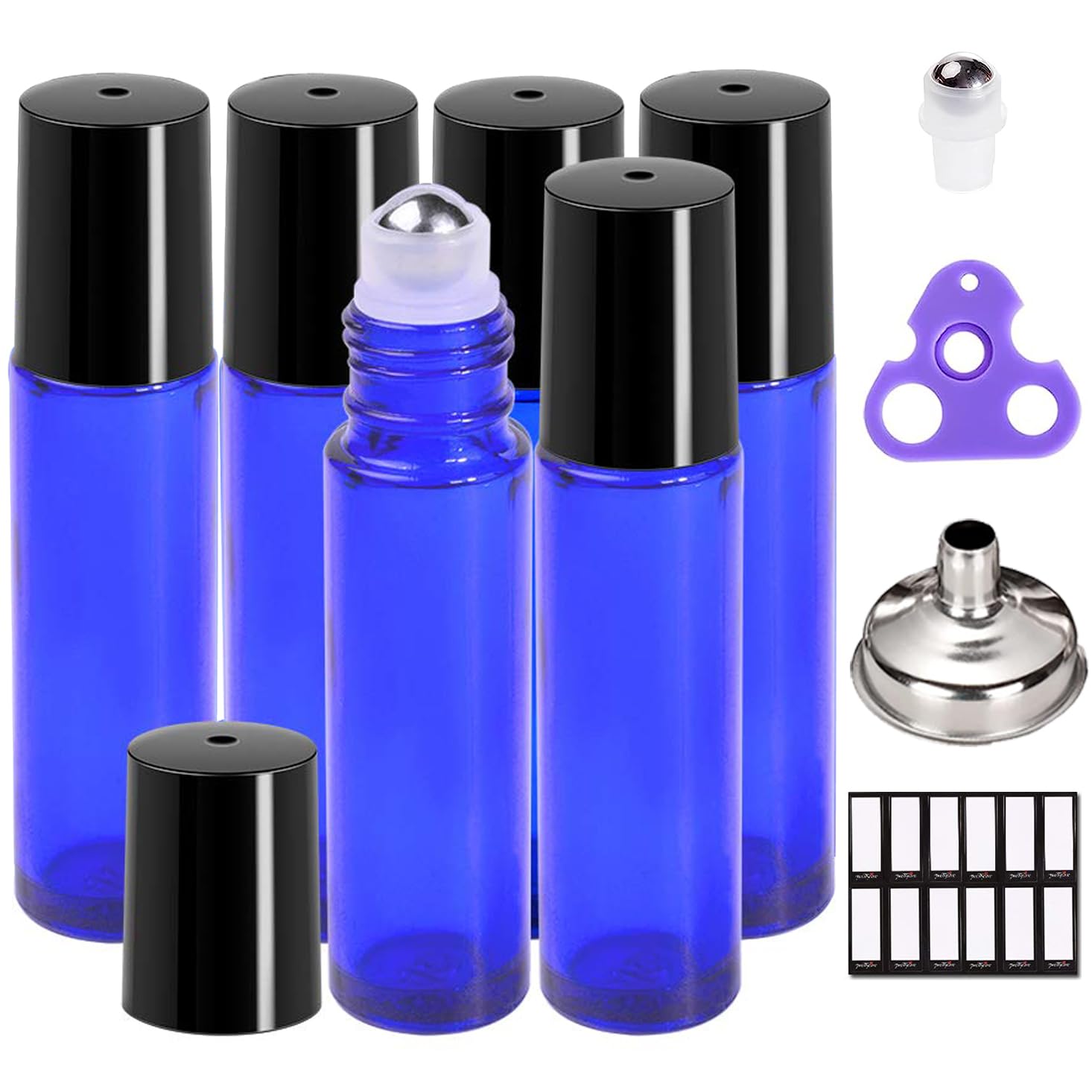 Prettycare Roller Bottles For Oils 10 Ml (Blue Glass, 6 Pack, 1 Extra Stainless Steel Balls, 12 Labels, 1 Opener, 1 Funnels Esse
