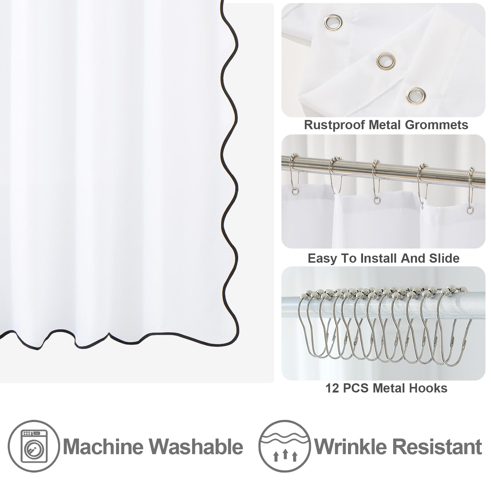 Ortigia White Shower Curtain With Black Scalloped Edge 72 W X 84 H Inch, Cute Boho Preppy Scallop Shower Curtains Aesthetic Wate