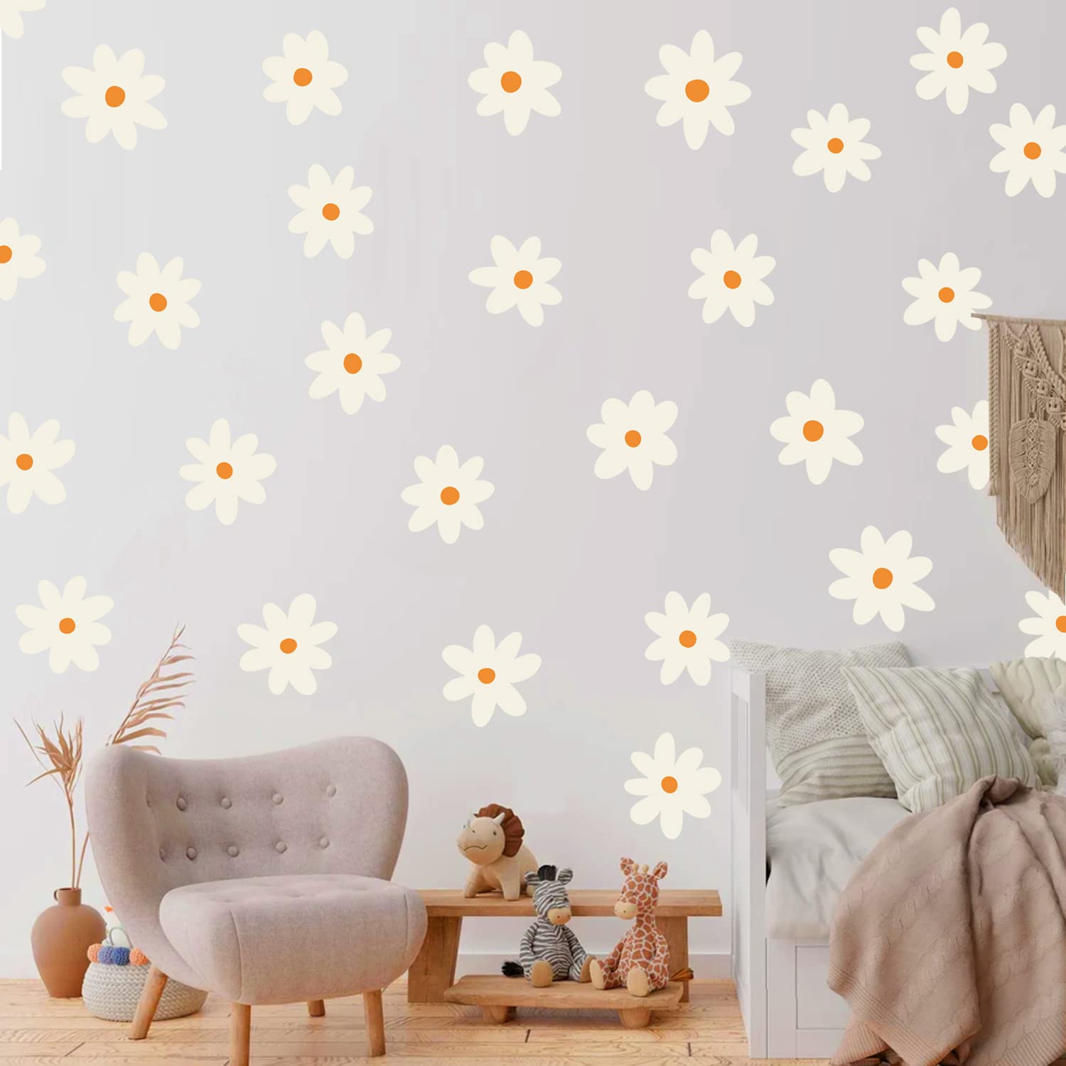 White Daisy Wall Decals For Baby Girls Toddler Kids Bedroom, Retro Flower Wall Decals Peel And Stick Vinyl Daisy Floral Wall Sti