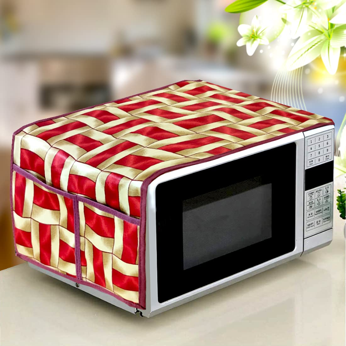 Kanushi Industries Microwave/Oven Top Cover With 4 Utility Pockets (Var-Micro-Red-Golden-Line-01)