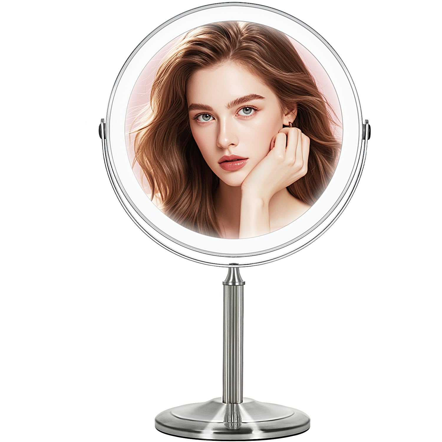 VESAUR 15X Magnifying Mirror with Light - 9.5" HD Double-Sided, Rechargeable, 360° Swivel, Pearl Nickel Finish, Model D912