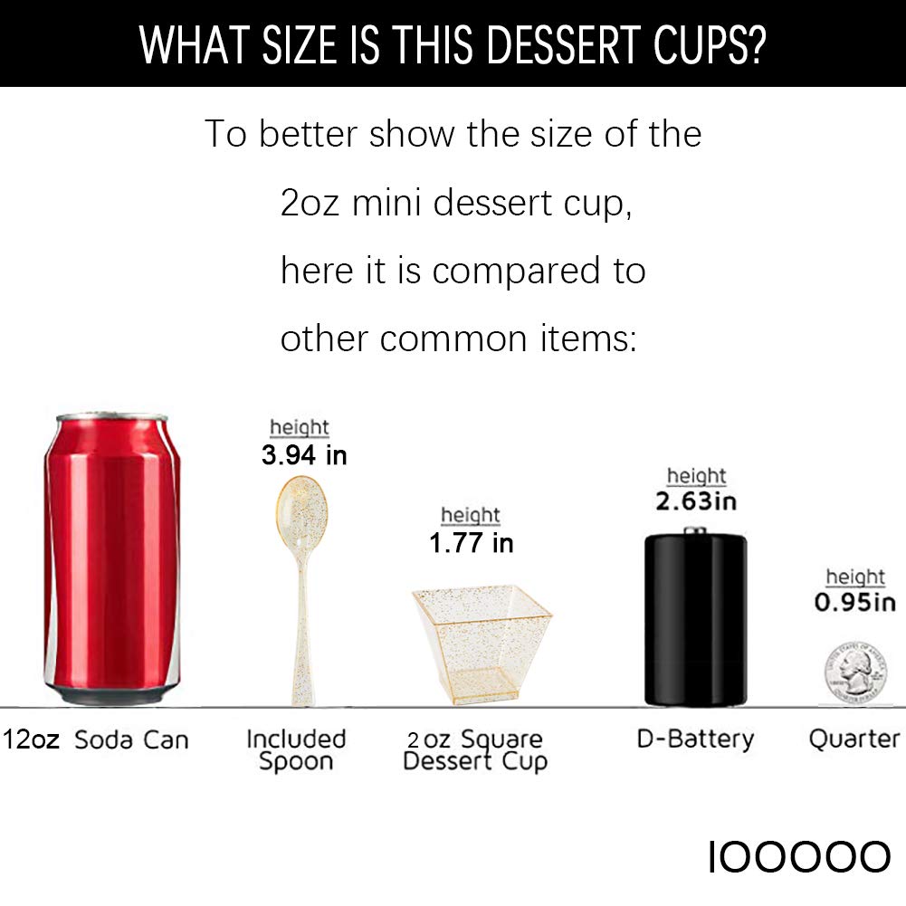 I00000 200 Pieces Small Plastic Dessert Cups With Mini Spoons Gold Glitter, Premium Quality, Includes Disposable Square Cups 2 O
