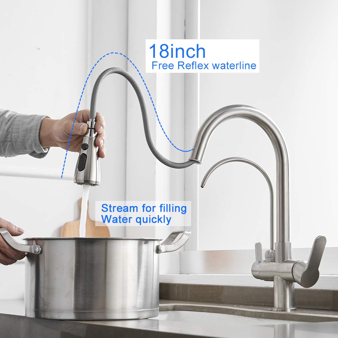 MENATT Filter Kitchen Faucet with Drinking Water Faucet  High Arc Pull Down 3-Way Kitchen Faucet  3 in 1 Sink Cold and Hot Mixer Tap (Brushed Nickel)