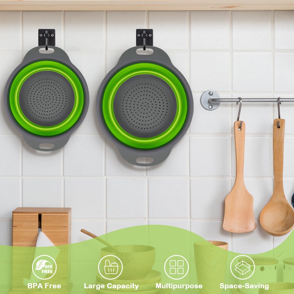 Auauy 2 Pcs Collapsible Colander Set, Round Silicone Folding Colander With Plastic Handles, Eco-Friendly Large Hole Kitchen Stra