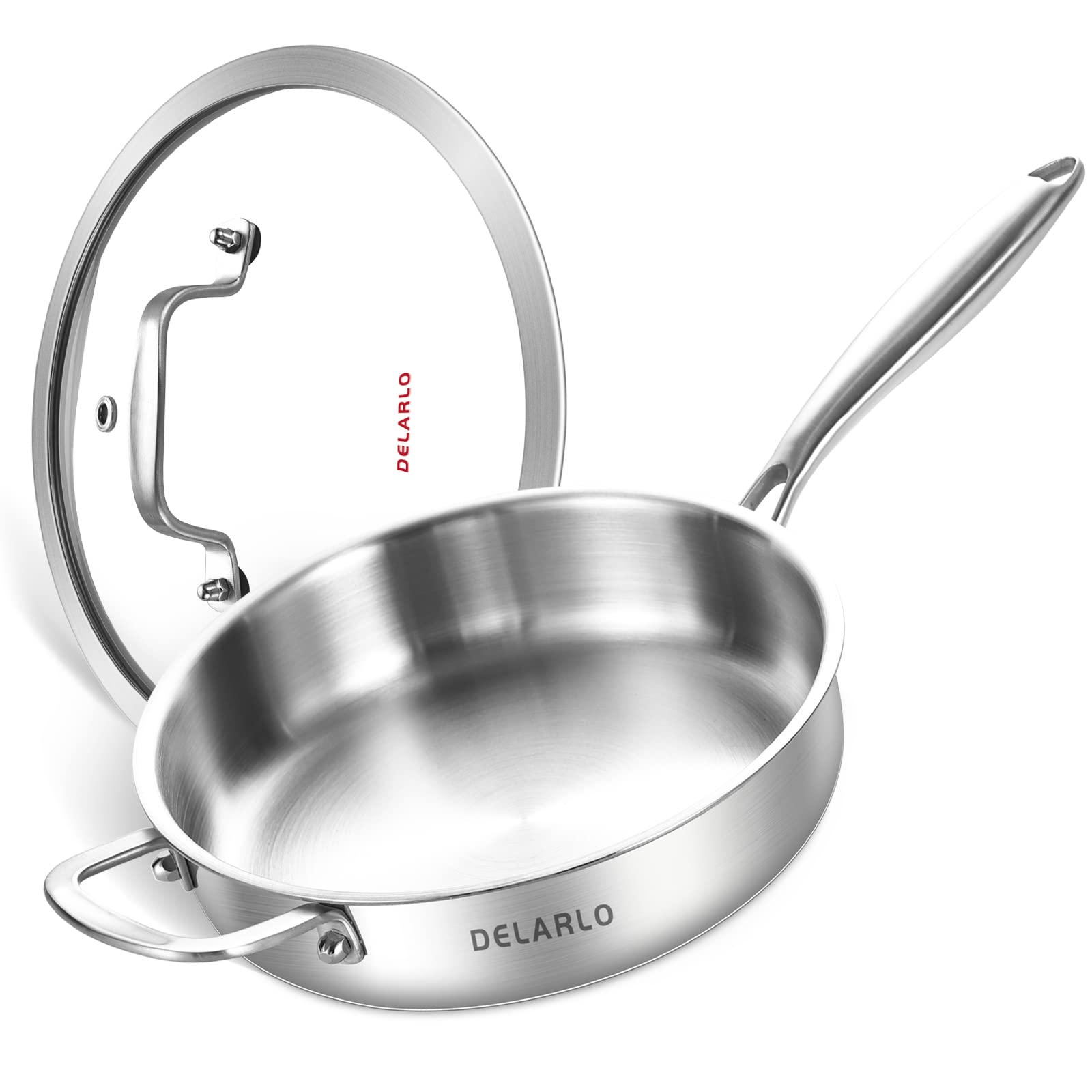 Delarlo Tri-Ply Stainless Steel Saute Pan 3 Quarts Deep Frying Pan, Induction Compatible Chef Cooking Pan, Saut Pan With Lid, Di