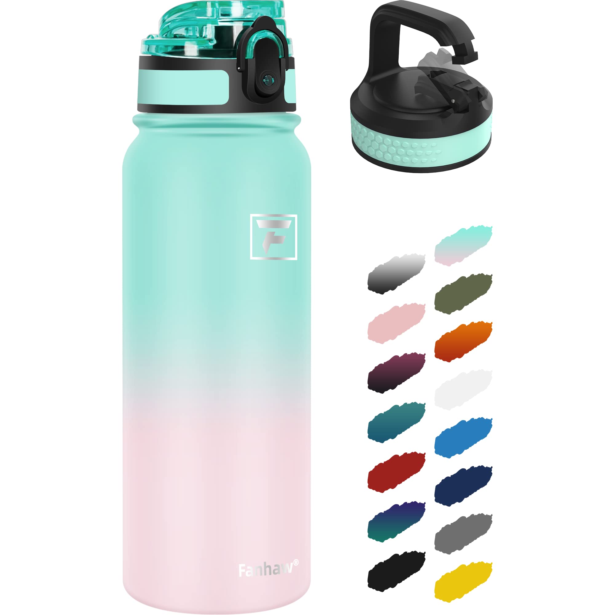 Fanhaw 20 Oz Insulated Stainless Steel Water Bottle With 2 Lids (Chug Lid& Carabiner Lid) - For Kids, Women, Men | Leak & Sweat