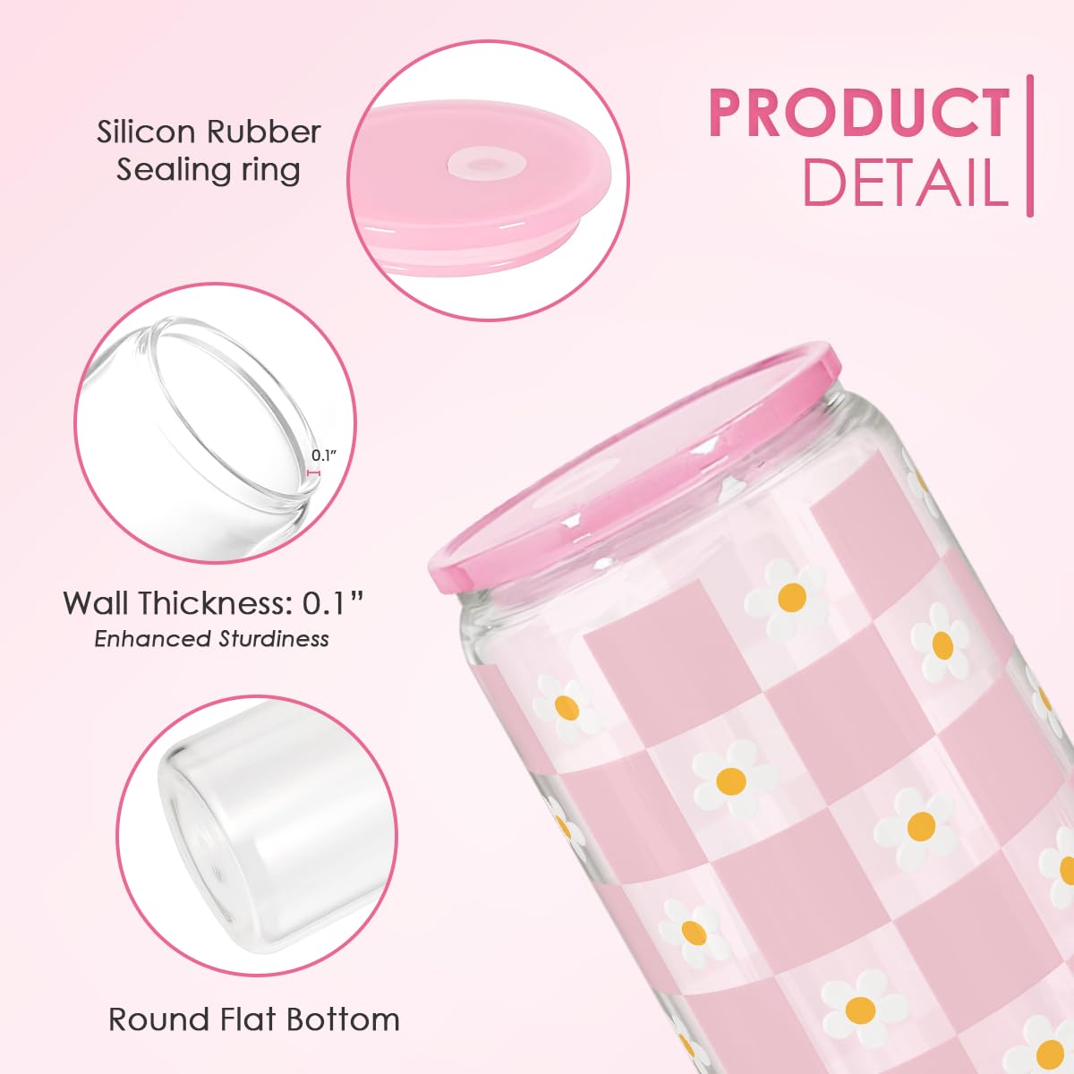 SANDJEST Checkerboard Daisies Glass Can, Floral Checker Cup with Lid & Straw, Iced Coffee Aesthetic Cups, Gift for Christmas Bir