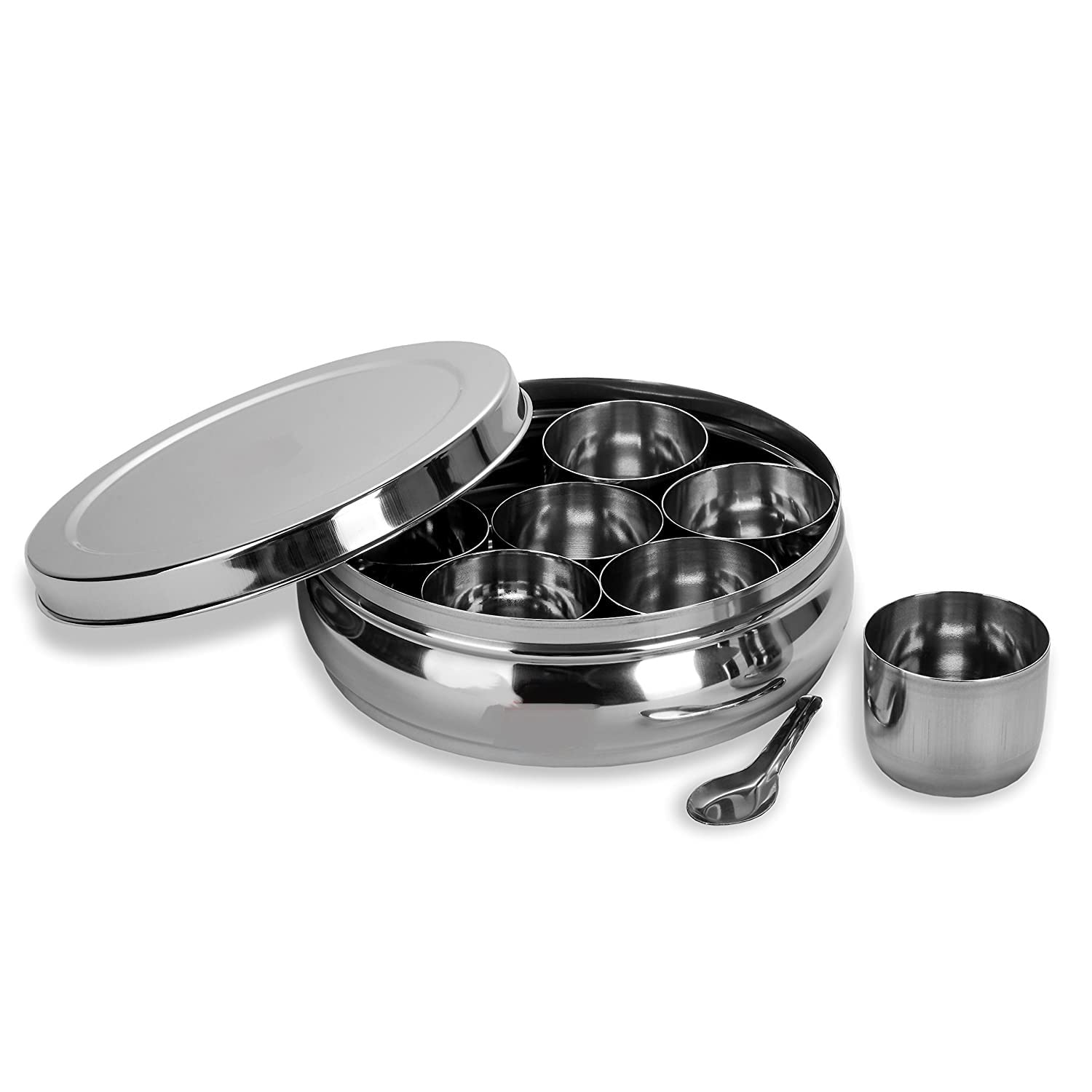 Indiancloud Stainless Steel Belly Shape Masala (Spice) Box/Dabba/Organiser With See Through Lid With 7 Containers And Small Spoo