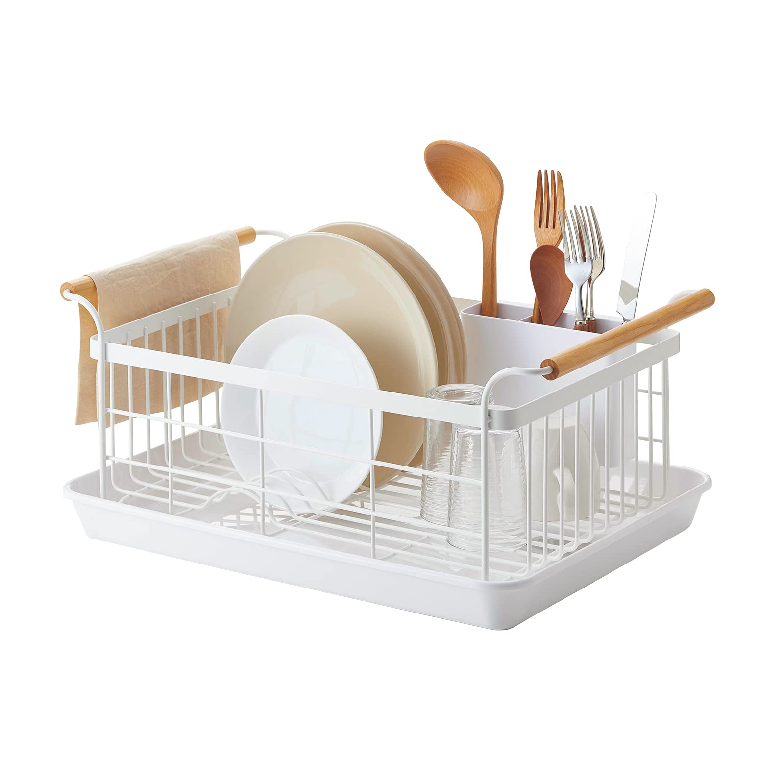 Yamazaki Home Dish Rack With Removeable Drainer Tray, Kitchen Counter Dish Drying Organizer Holder Steel + Wood One Size White