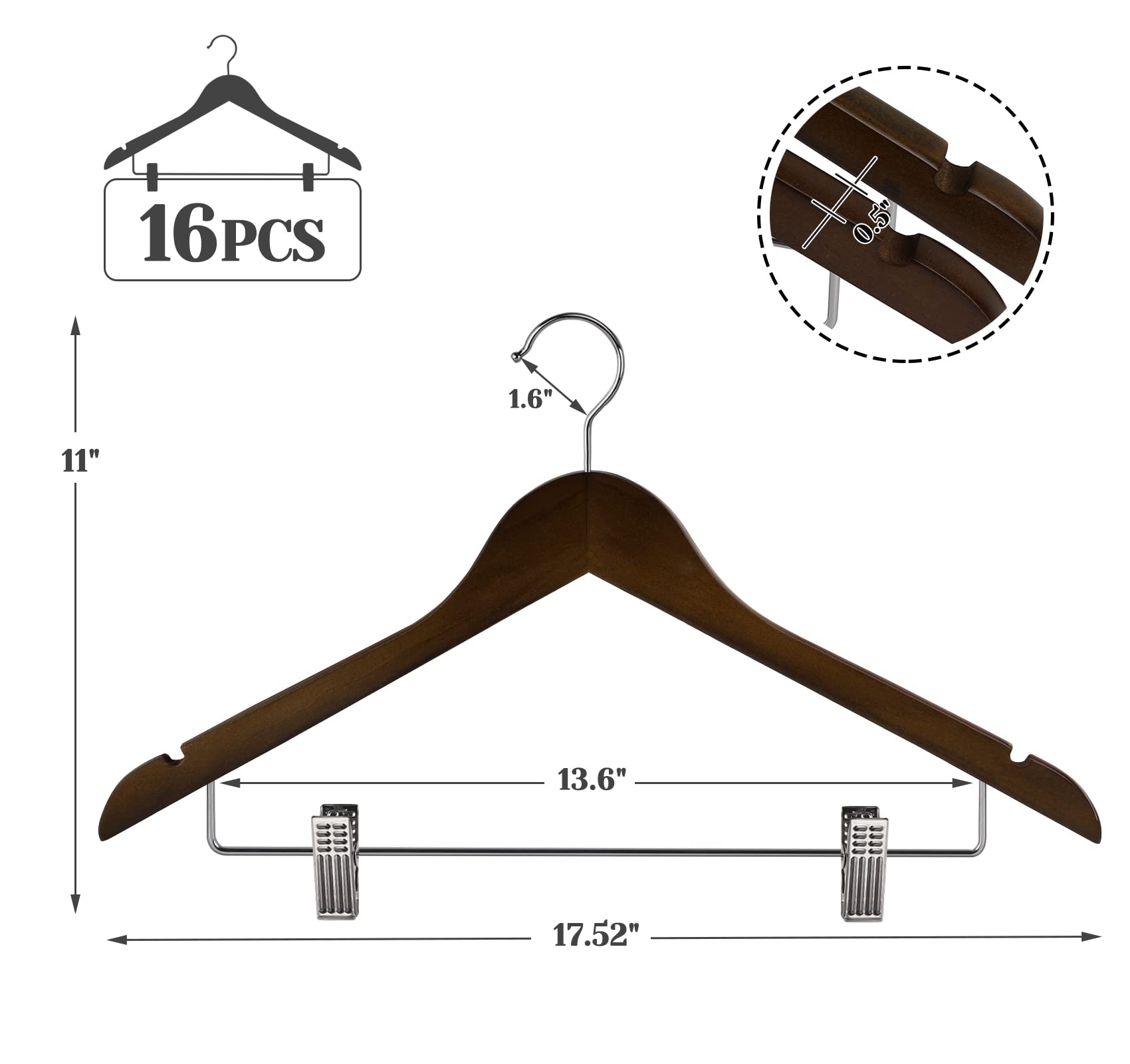 Wooden Clothes Hangers With Clips, 16Pack Wood Skirt Hangers With Clips, High-Grade Selected Walnut Wood Hangers With Sturdy Met