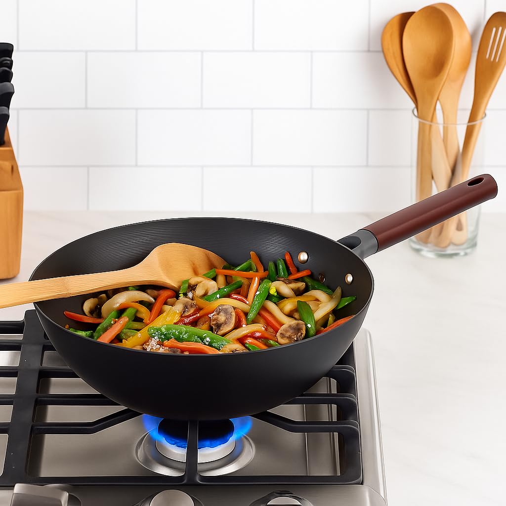 Helen'S Asian Kitchen Deluxe Pre-Seasoned Wok, Non-Stick Carbon Steel And Wood Handle