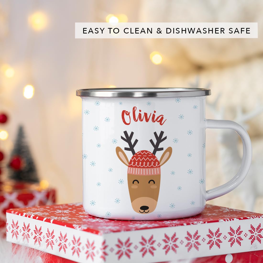 Andaz Press Personalized 11Oz. Christmas Hot Chocolate Stainless Steel Campfire Coffee Mug Gift, Reindeer With Red Hat, 1-Pack,