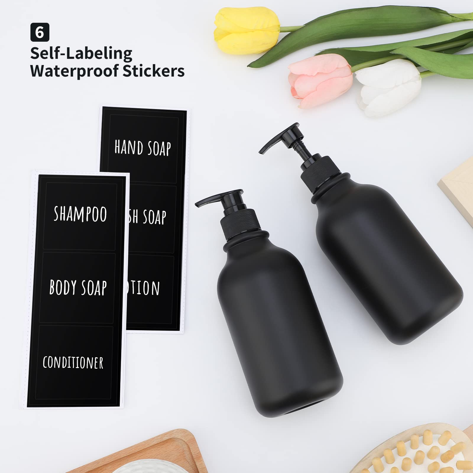 Segbeauty Matte Black Shampoo Dispenser  2pcs 16.9oz Empty Refillable Pump Bottle with Labels  500ml Plastic Press Lotion Dispenser Bathroom Shower Containers for Conditioner Body Soap Hand Soap