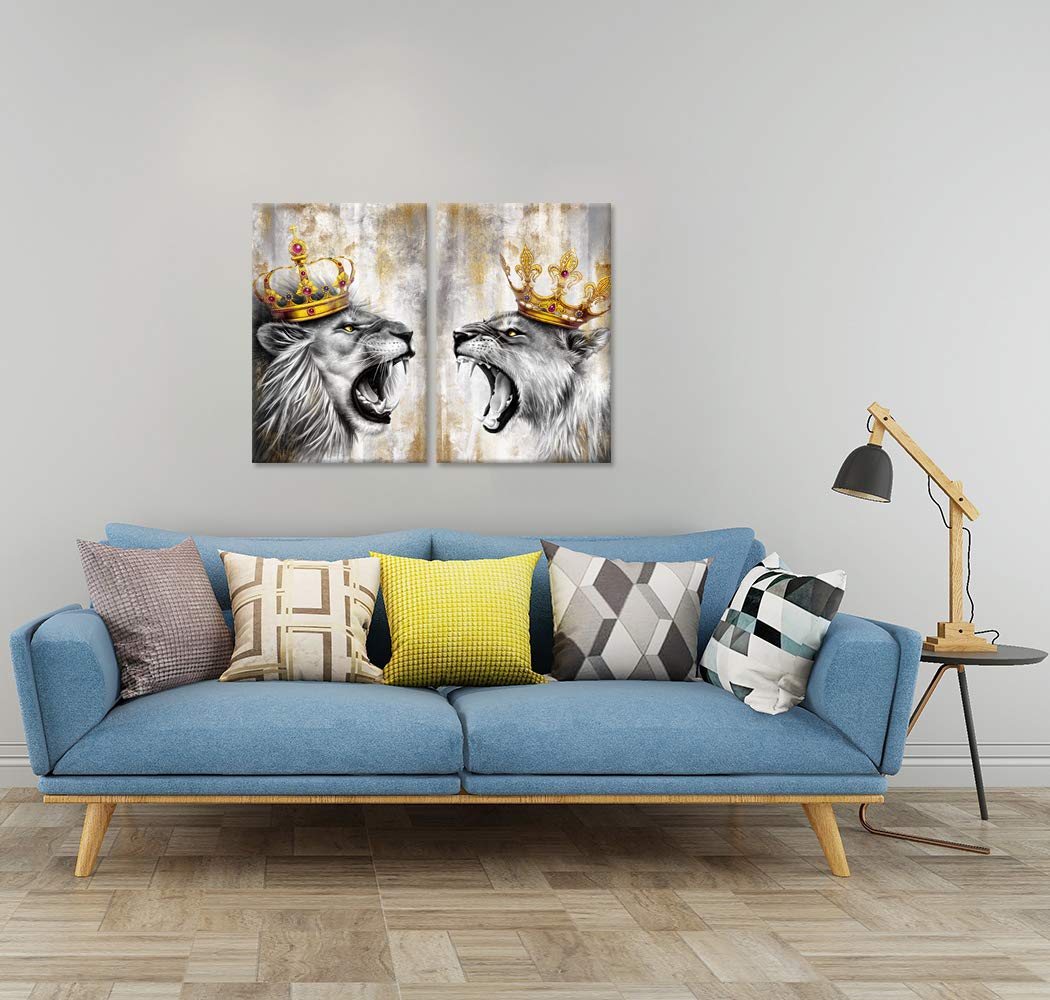 Zlove 2 Pieces Lion King Wall Art Lion And Lioness With Crown Grey And Gold Romantic Animal Couple Artwork For Bedroom Modern Ho