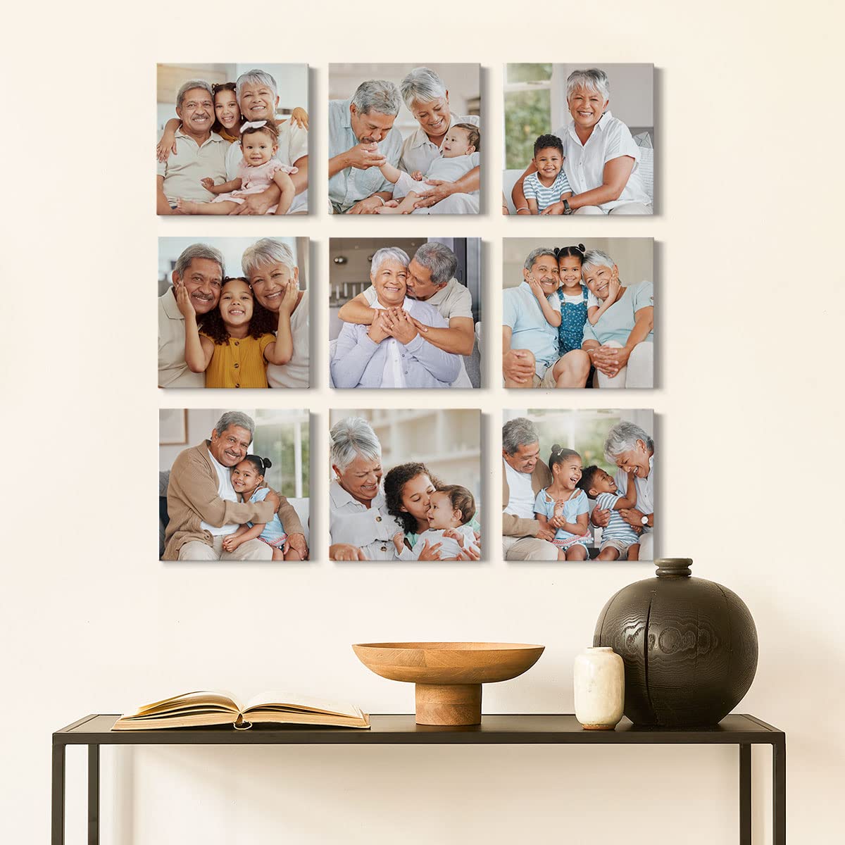 Renditions Gallery Set of 9  8x8 Custom Photo Canvas Prints with Solid Wood. Create Personalized Photos Picture Collage with Peel and Stick Photo Frames for Bathroom and Bedroom. Wrapped Canvas