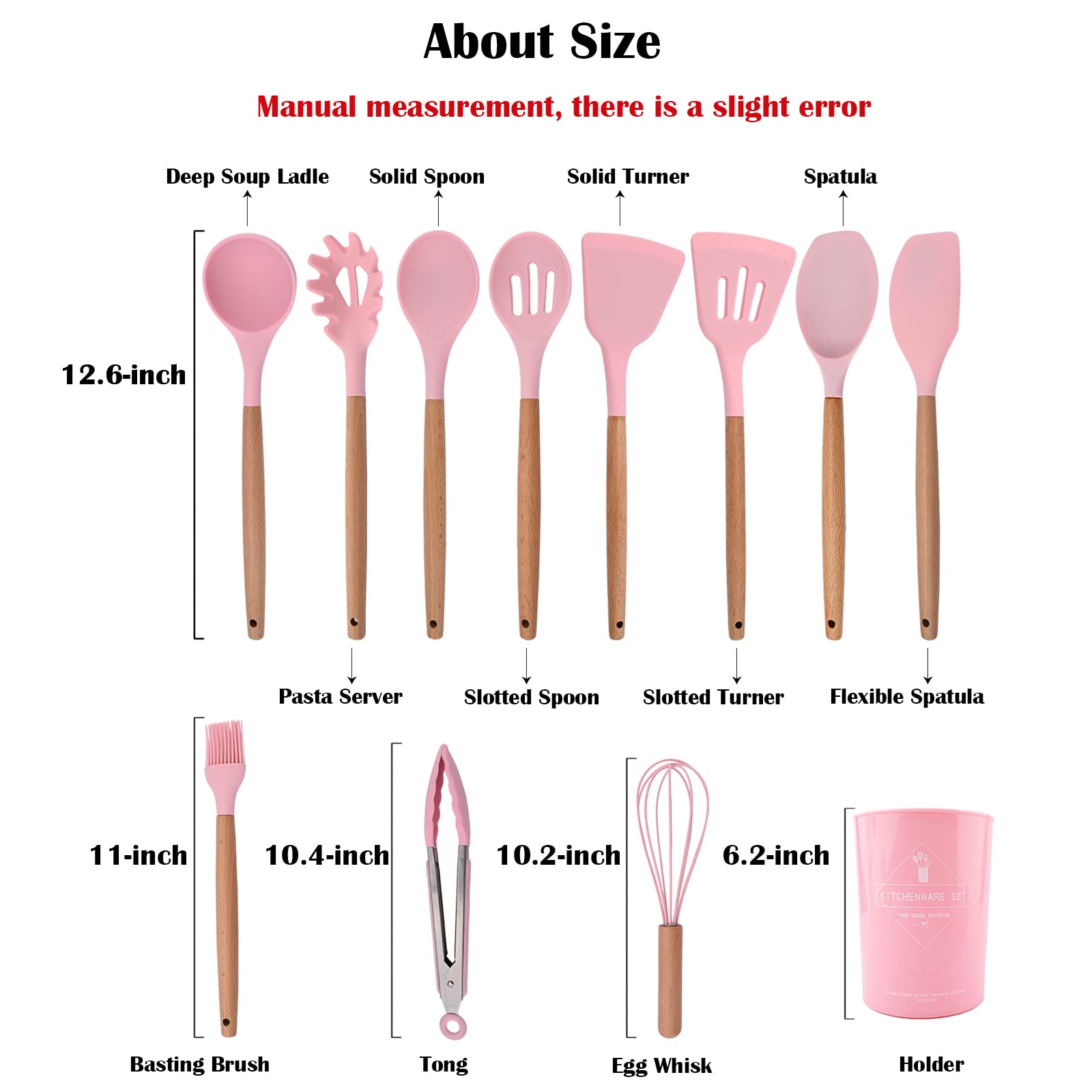 Briiec 11Pcs White Silicone Cooking Utensil Set With Holder Storage Bucket, Nonstick Wooden Handle Silicone Kitchen Gadgets Uten