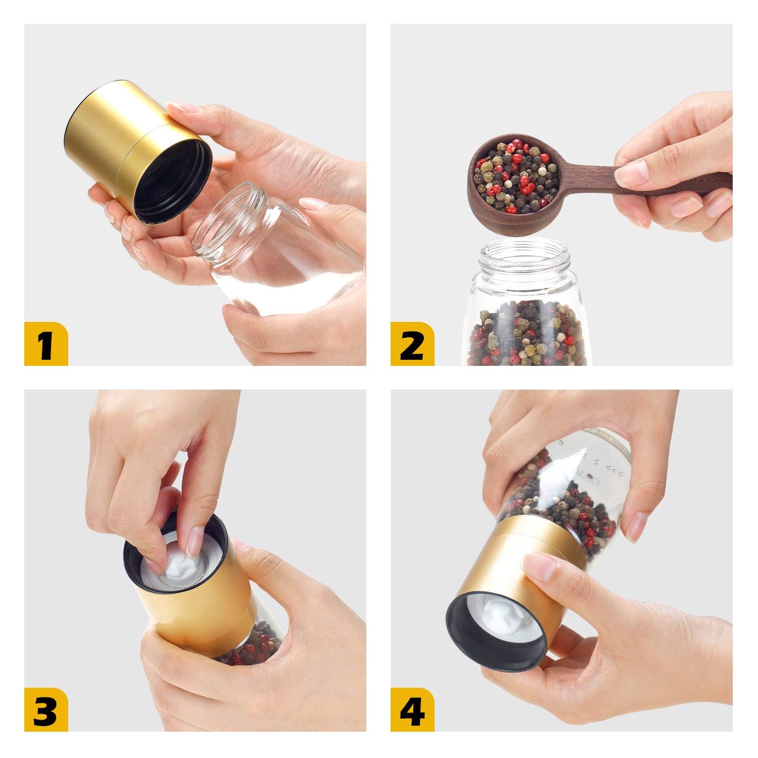 Vucchini Adjustable Coarseness Pepper Salt Grinder Mill - 2.6x2.6x5.3 inches, Gold Stainless Steel, Refillable Kitchen Shaker
