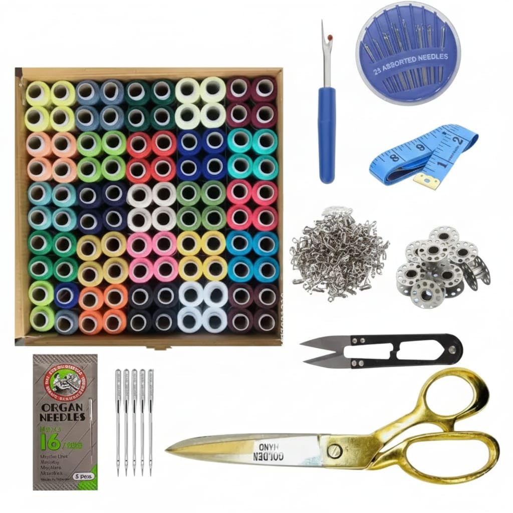 Sewing Kit Combo Set, 100 Pcs Thread Spools With Seam Ripper, Needle Compact, Tailoring Tape, 50 Pcs Hooks, 5 Pcs Bobbins, Threa