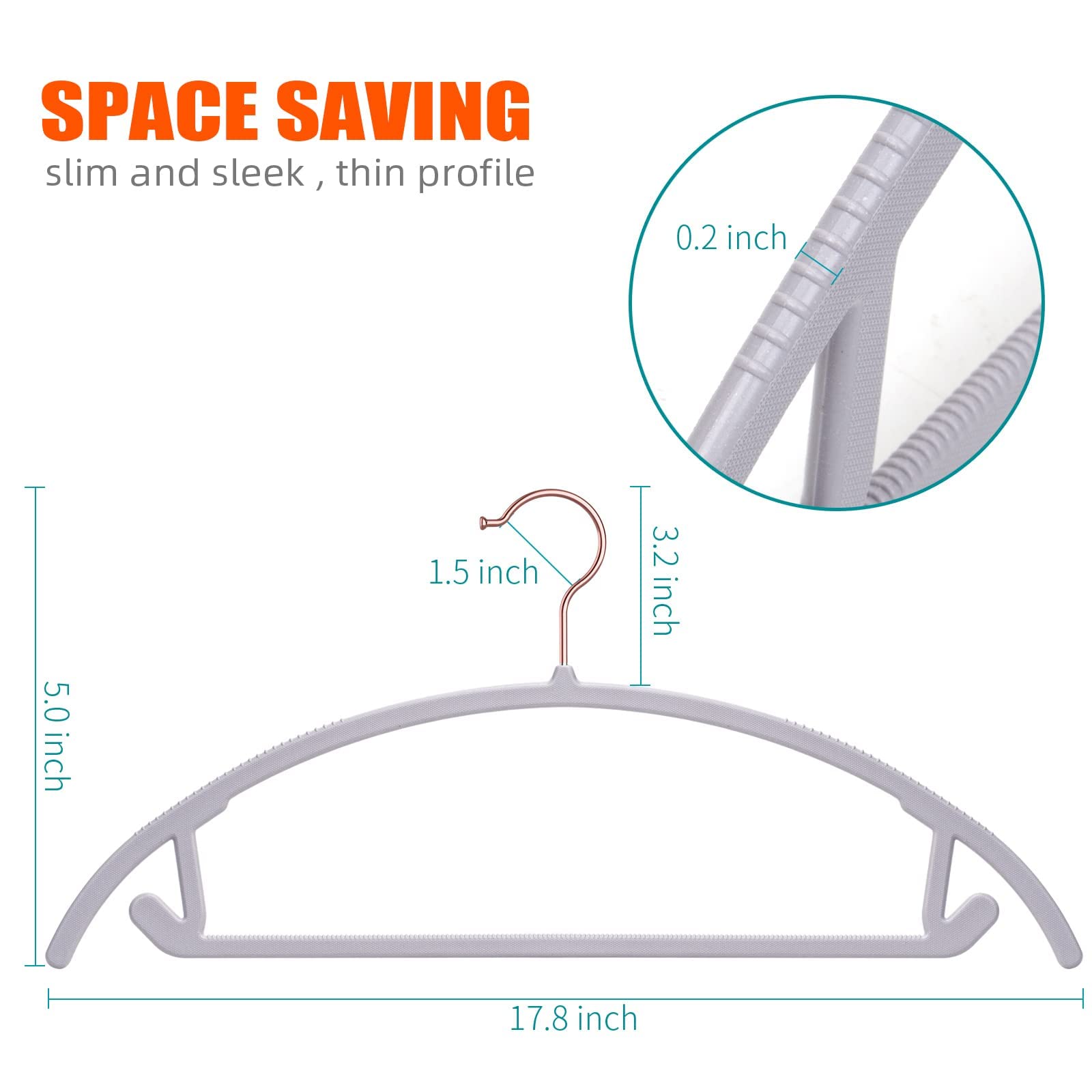 Oika Hangers 50Pack No Shoulder Bump Plastic Suit Hangers - Rose Gold Hooks,Non Slip Space Saving Clothes Hangers, Heavyduty,Rou