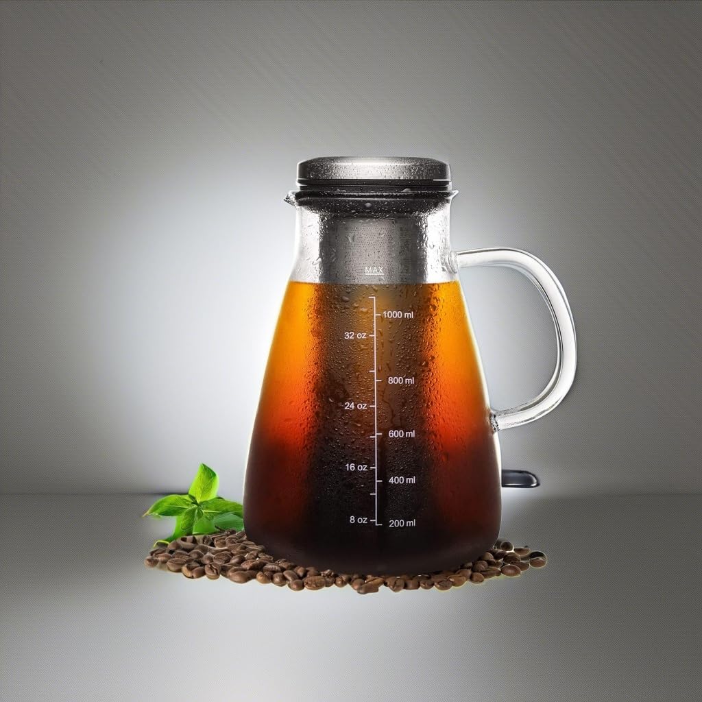 Ymmind Cold Brew Iced Coffee Maker 34Oz, Brewed Coffee Pot With Removable Double Mesh 304 Stainless Steel Filter, Bpa-Free Cold