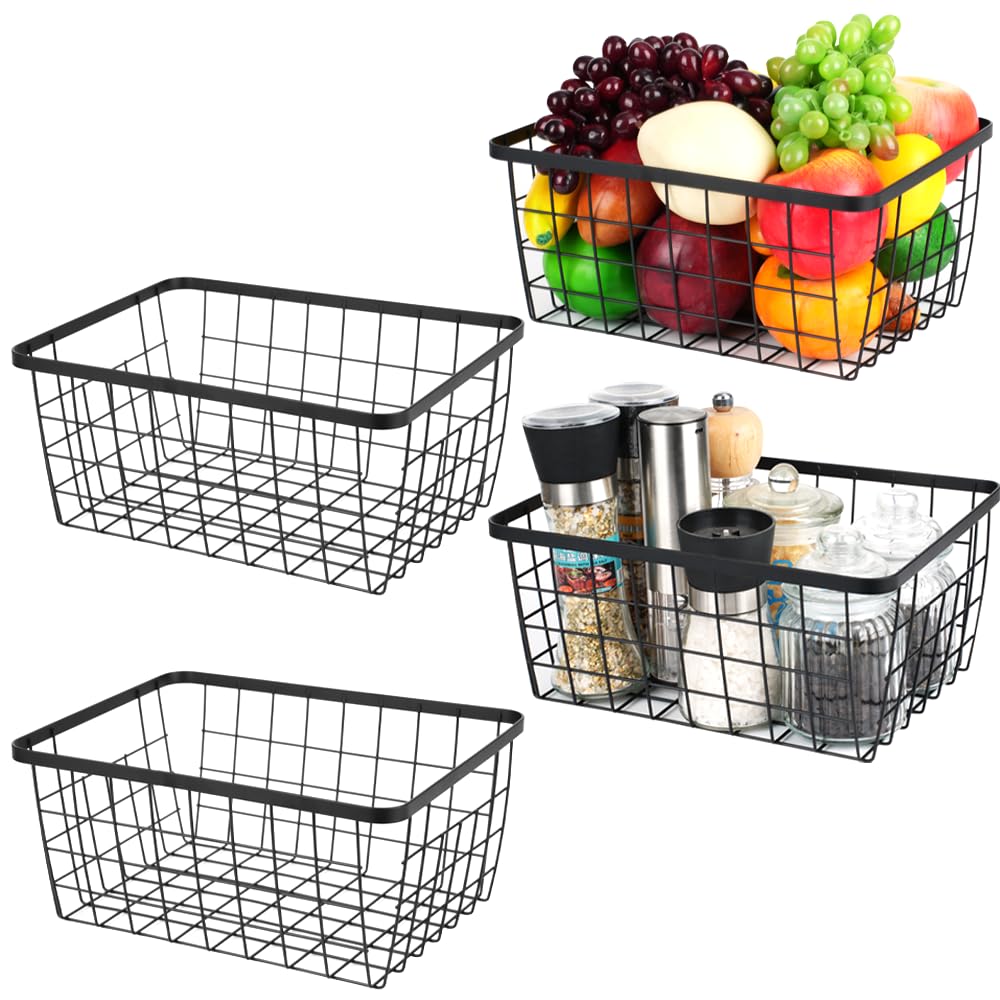 Aeggplant Kitchen Metal Wire Baskets with Handles Food Storage Organizer, Household Refrigerator for Cabinets,Pantry,Bathroom,Bl