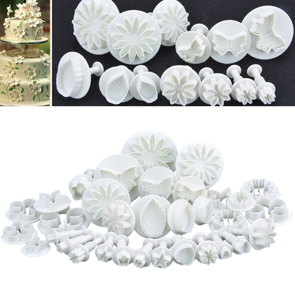Daycount 33 Pcs Fondant Cutters Tools, Fondant Cake Cutter Mould, Ejector Stamp Modeling Cookie Plunger Cutter Sugarcraft Flower