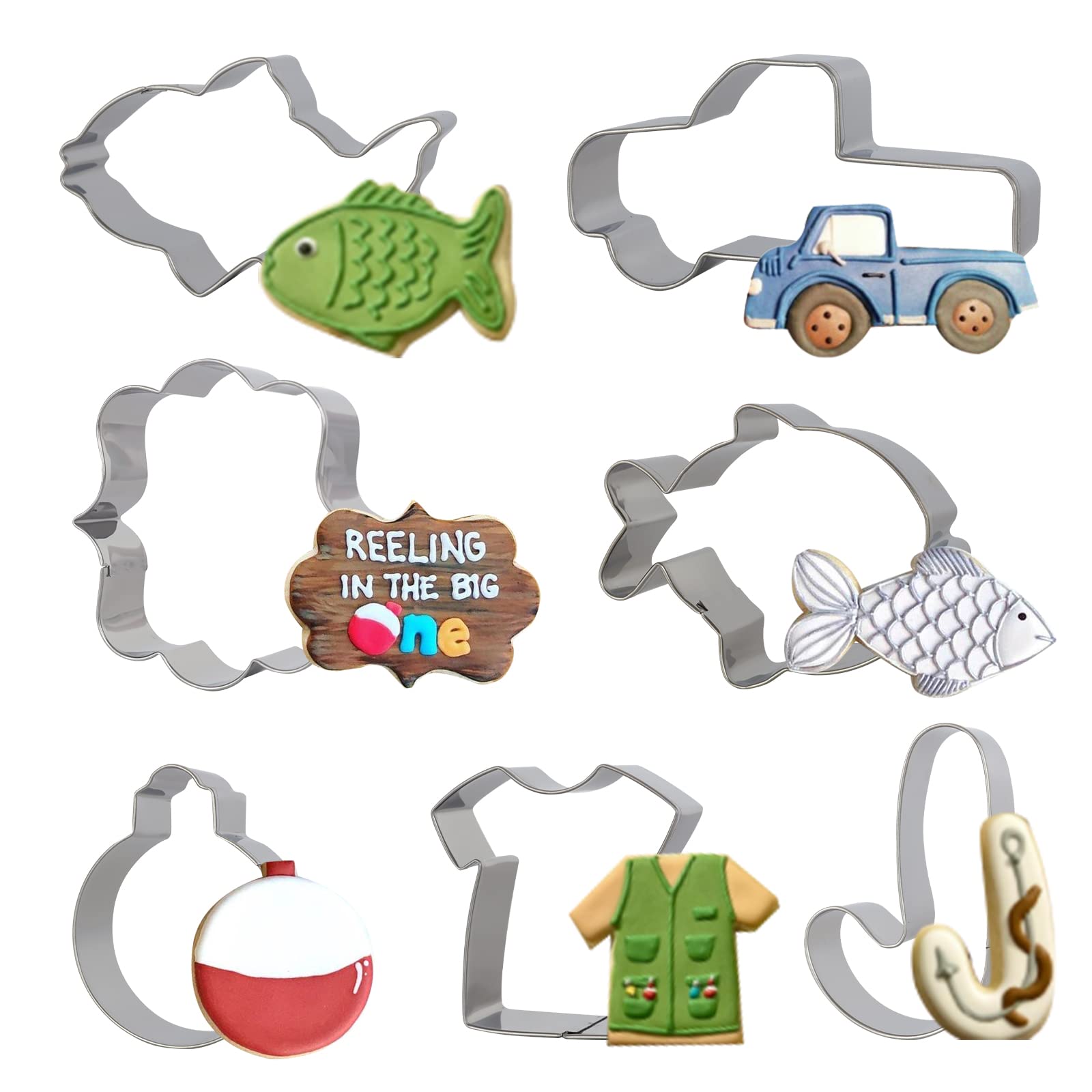 Gone Fishing Cookie Cutter Set With Stainless Steel Sports Jersey, Fish, Candy Cane, Fishing Bobber For Fisherman Fishing Themed