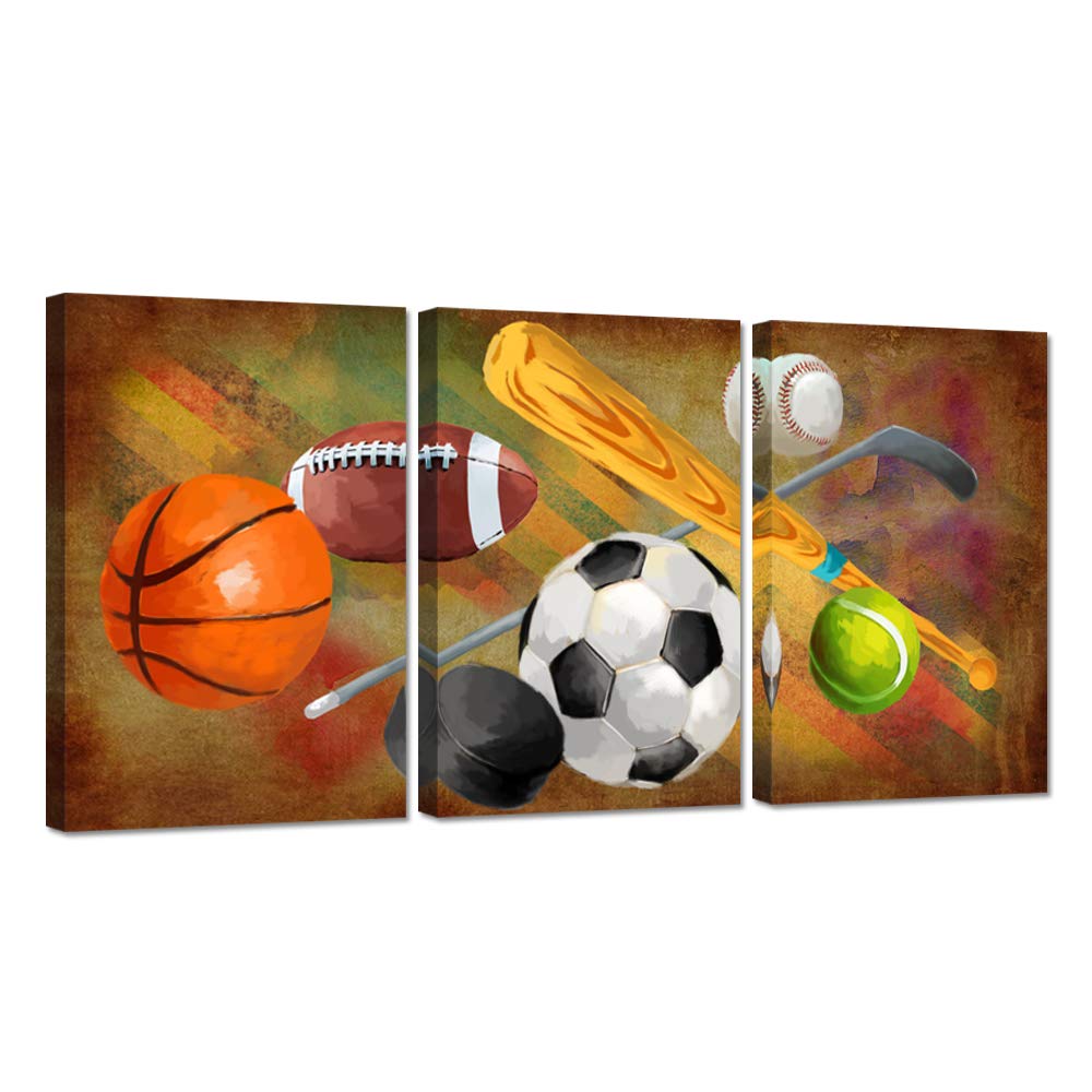 Zlove 3 Pieces Sports Canvas Wall Art Rustic Soccer Football Baseball Basketball Sports Themed Artwork For Home Kids Room Decor