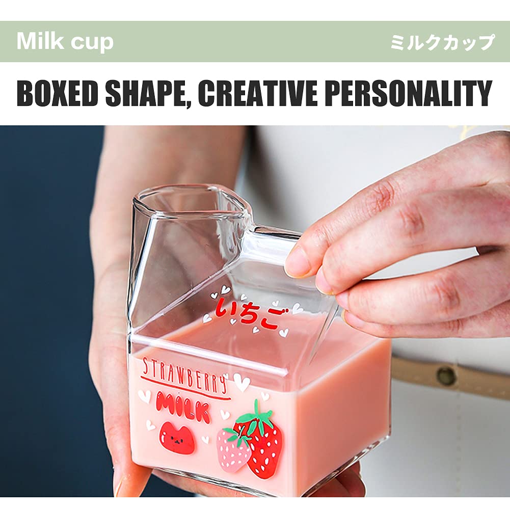 Blsky Kawaii Glass Milk Carton Cup Microwavable 12 Oz Cute Milk Cups Mini Creamer Container Strawberry Square Breakfast Mug Glas