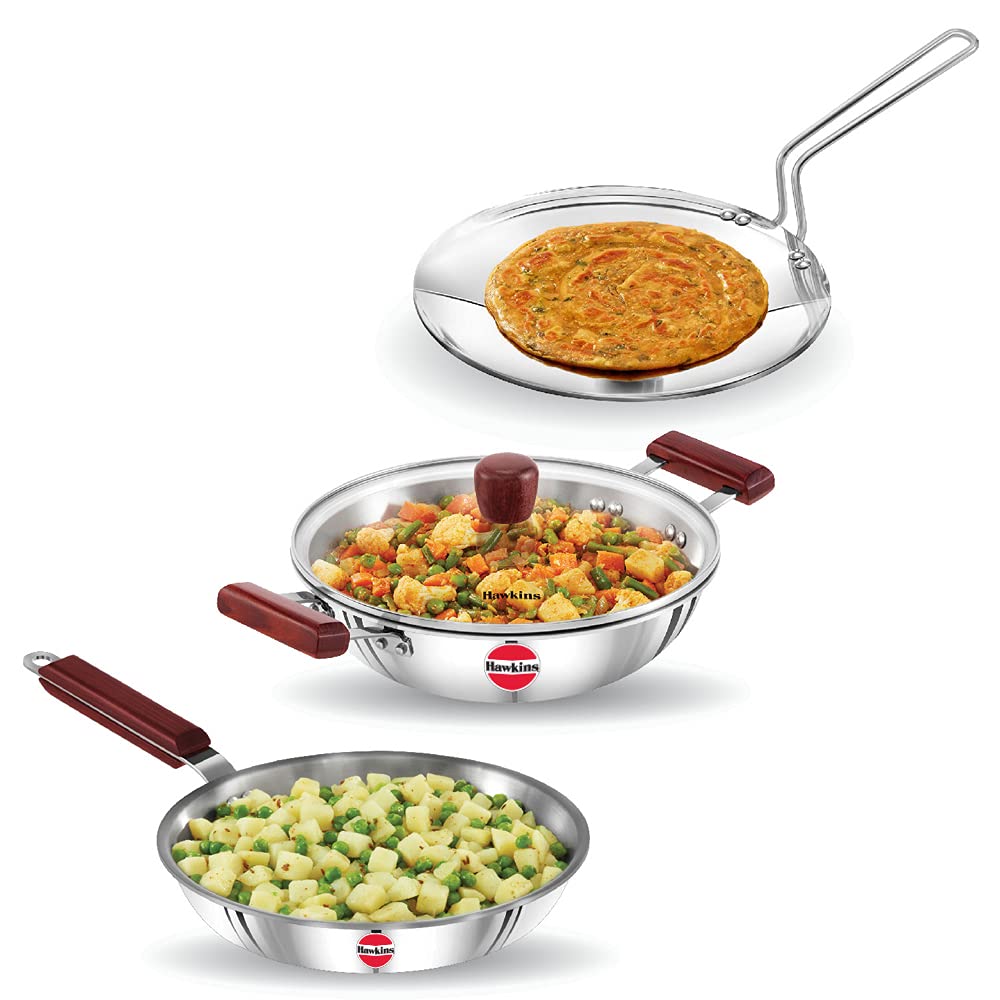 Hawkins Triniti 3 Pieces Triply Stainless Steel Cookware Set 1  Frying Pan, Tava, DeepFry Pan with Glass Lid, Silver (SSET1)