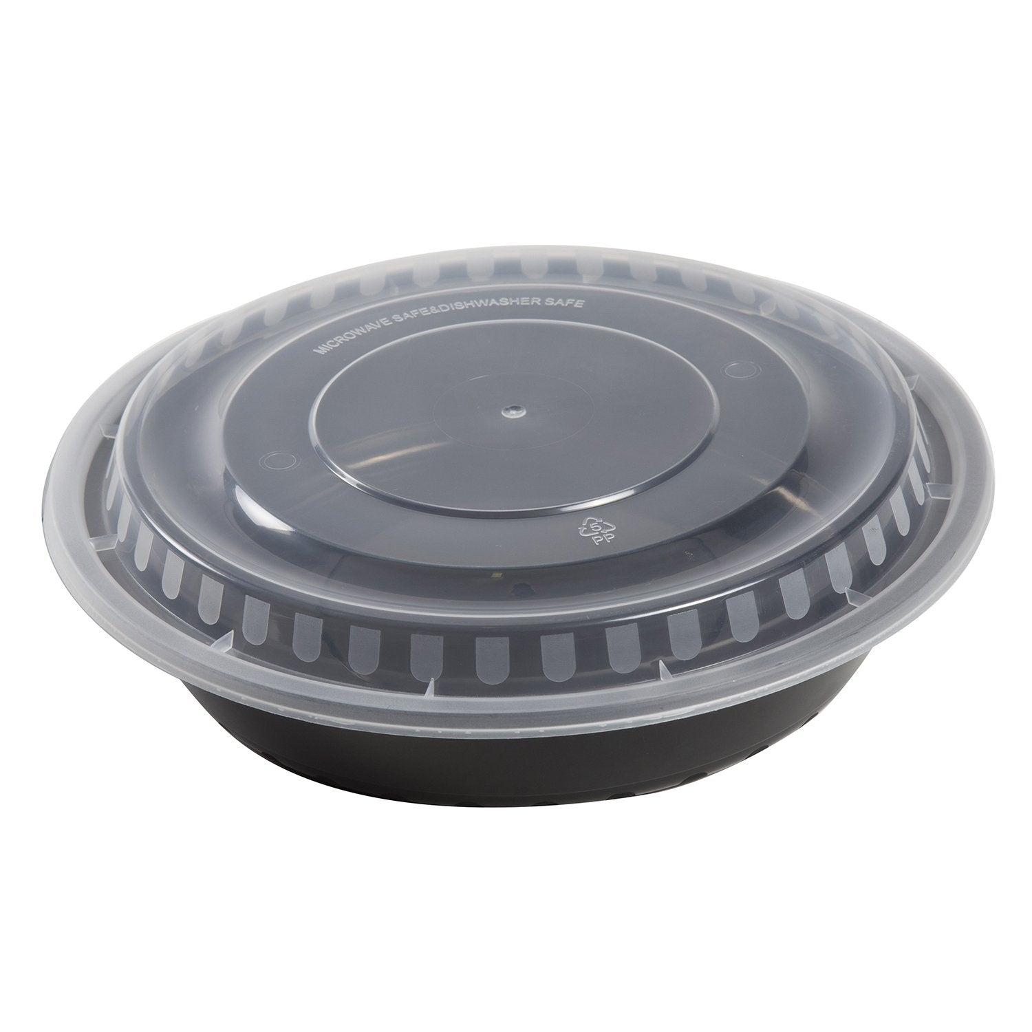 Amercare 9 Inch Round Black Plastic Containers With Lids, 48 Ounces For Microwave Or Freezer, Pack Of 150