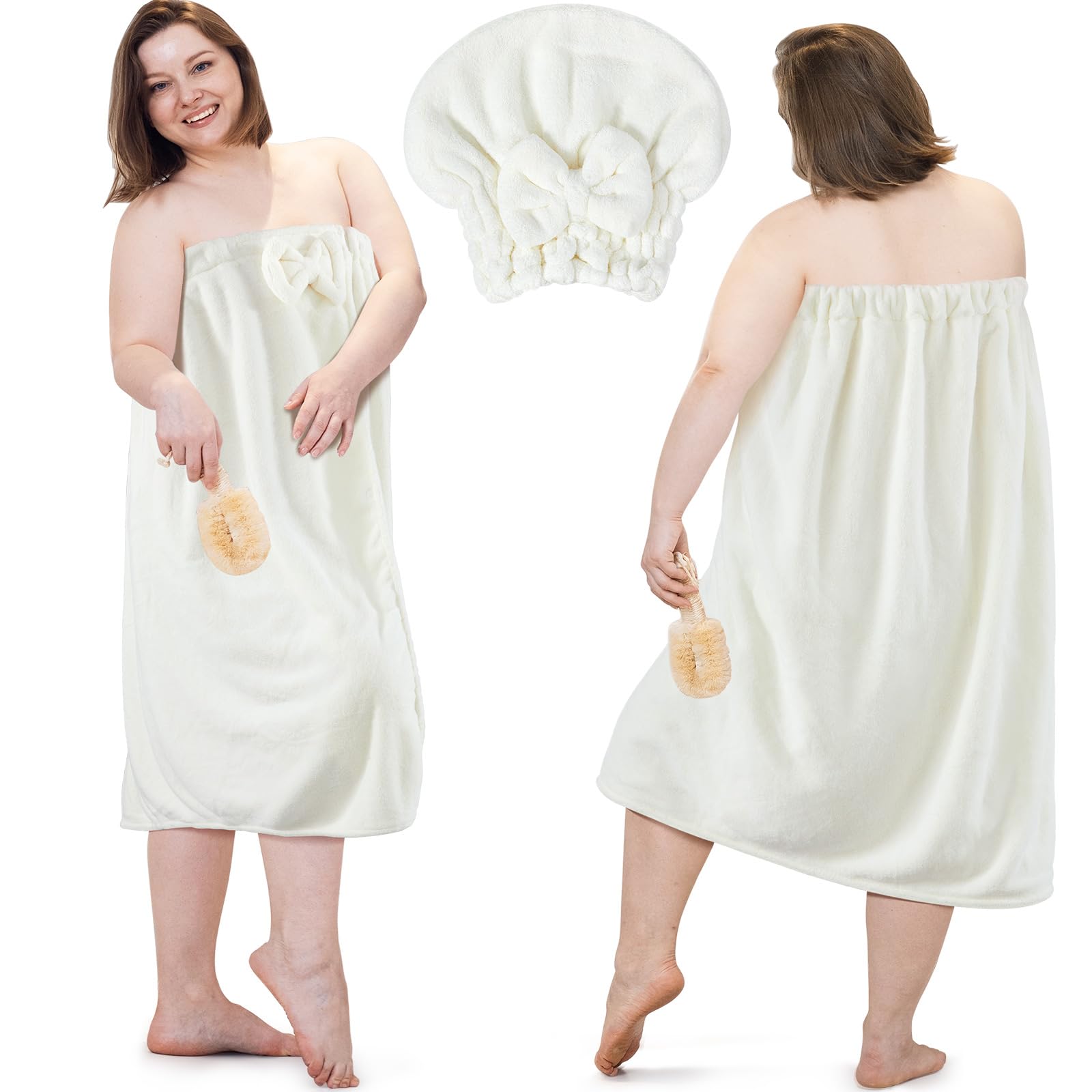 Xtinmee 2 Sets Womens Wrap Towel With Hair Towel Bath Towel Wrap Shower Dress Towel Spa Wraps For Women'S Bathrobe (White, Plus