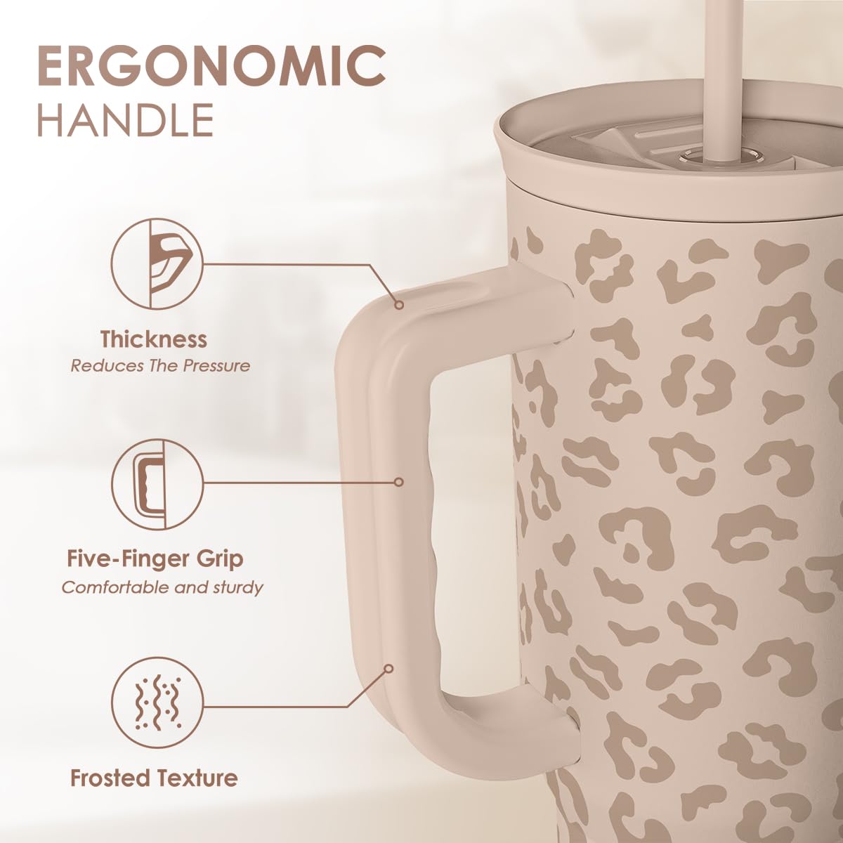 Leopard Tumbler with Handle, Insulated Cup Stainless Steel Travel Mug Cup, Gifts for Women Girl on Birthday Christmas, Tan Leopa