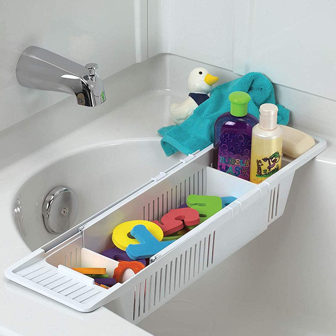 Homdsim Plastic Bath Tray, Bathtub Holder Non-Slip Telescopic Bathtub Caddy Adjustable Multifunction Storage Tub Shelf Bathtub S