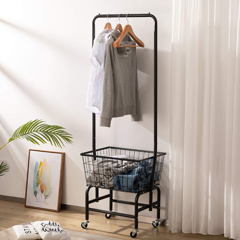 Alimorden Laundry Cart With Clothes Rack, Rolling Laundry Butler With Wire Storage Rack,Black