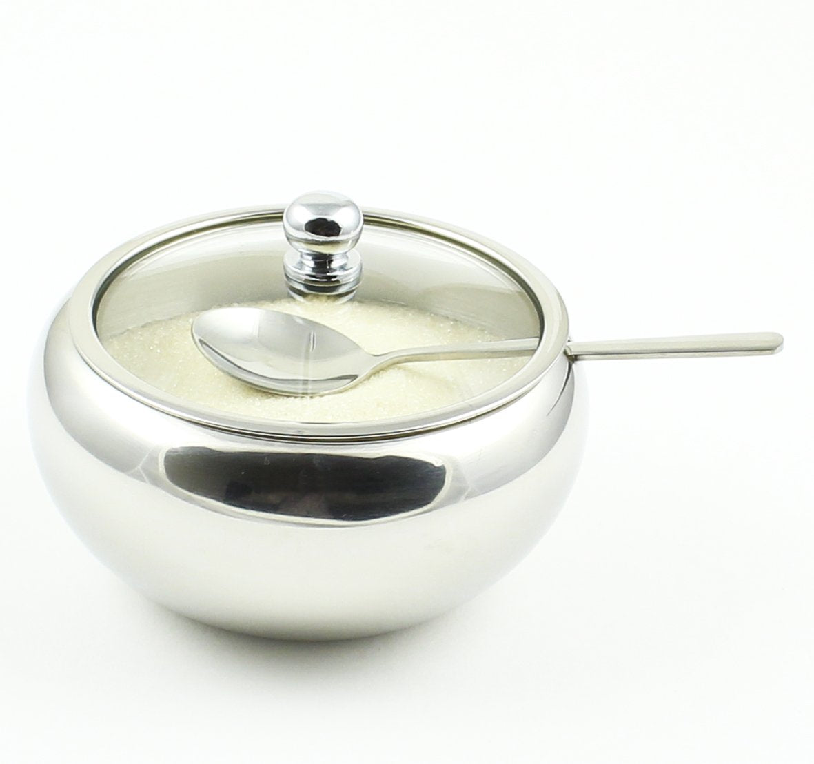 Zoie + Chloe Stainless Steel Sugar Bowl With Glass Lid - Bonus Spoon - 2 Cup Capacity (500Ml)