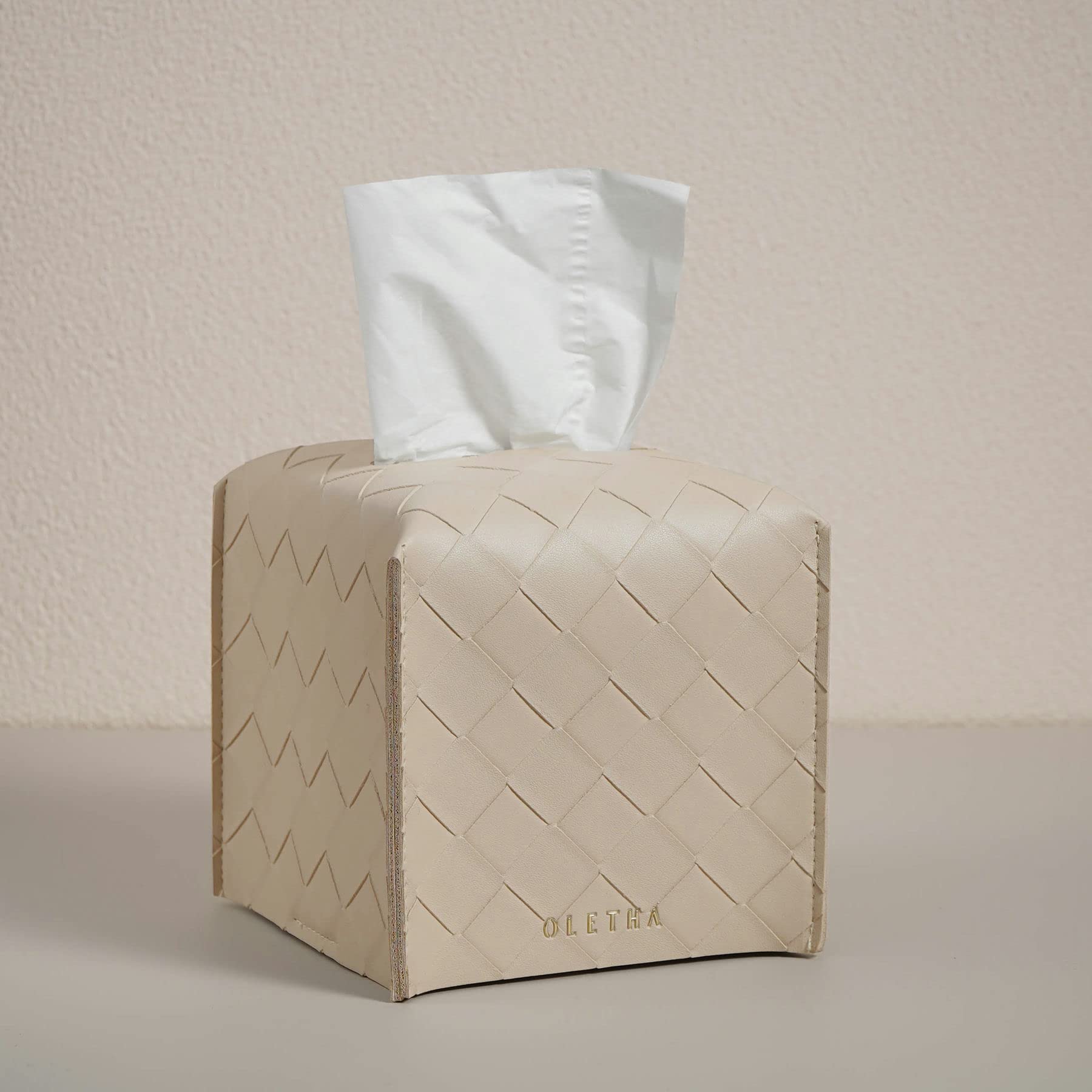 OLETHA Square Tissue Box Cover - Aesthetic Desk Decor for Room, Home & Office - Tissues Cube Boxes Holder - Woven Textured, Ligh