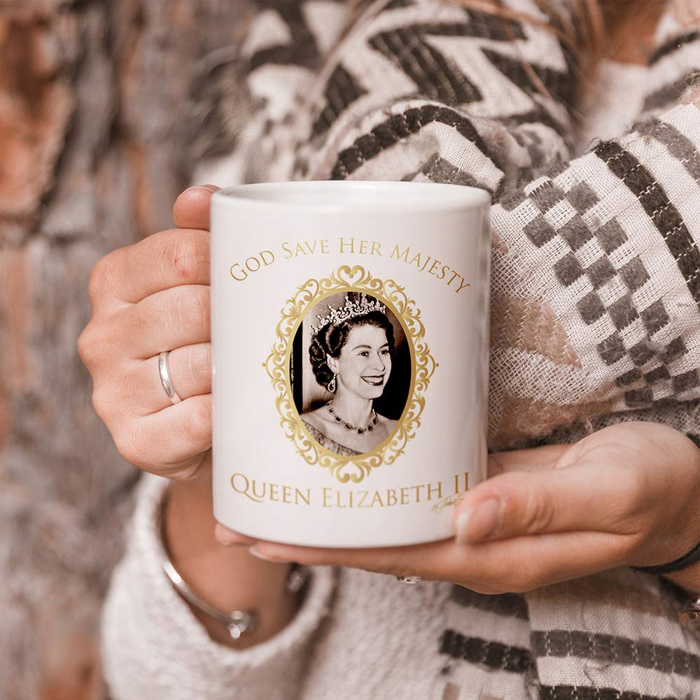 TWISTED ENVY Ceramic Novelty Mug for Coffee and Tea - God Bless Queen Elizabeth II Prints Cup - Funny Gifts for Home and Office,