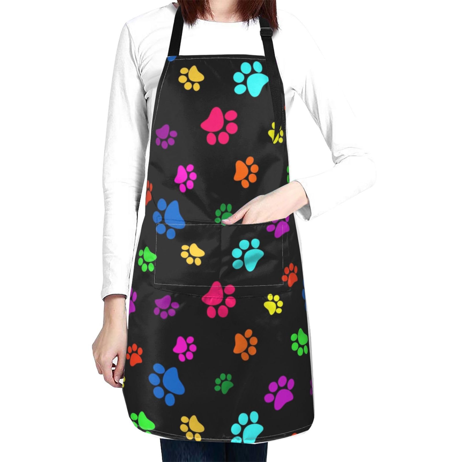 Perinsto Colorful Dogs Paws Waterproof Apron With 2 Pockets Cute Pet Animal Paw Kitchen Chef Aprons Bibs For Grooming Cooking Ba
