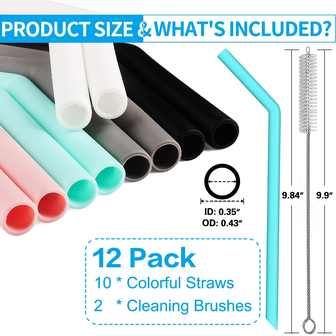 Set Of 10 Large Reusable Silicone Straws Pink Thick Smoothie Silicone Drinking Straws Kids With Cleaning Brushes- Extra Long Fle