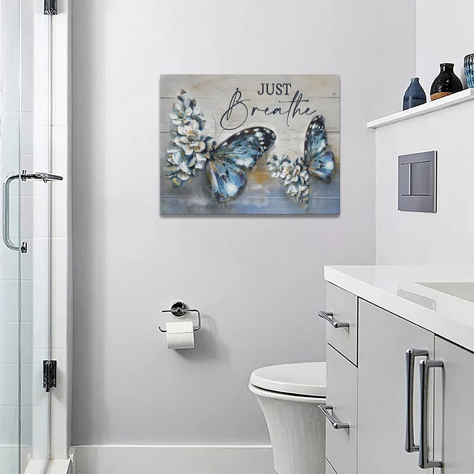 Farmhouse Blue Butterfly Flower Decor Wall Art Vintage Rustic Country Butterfly Just Breathe Pictures Wall Decor Canvas Painting
